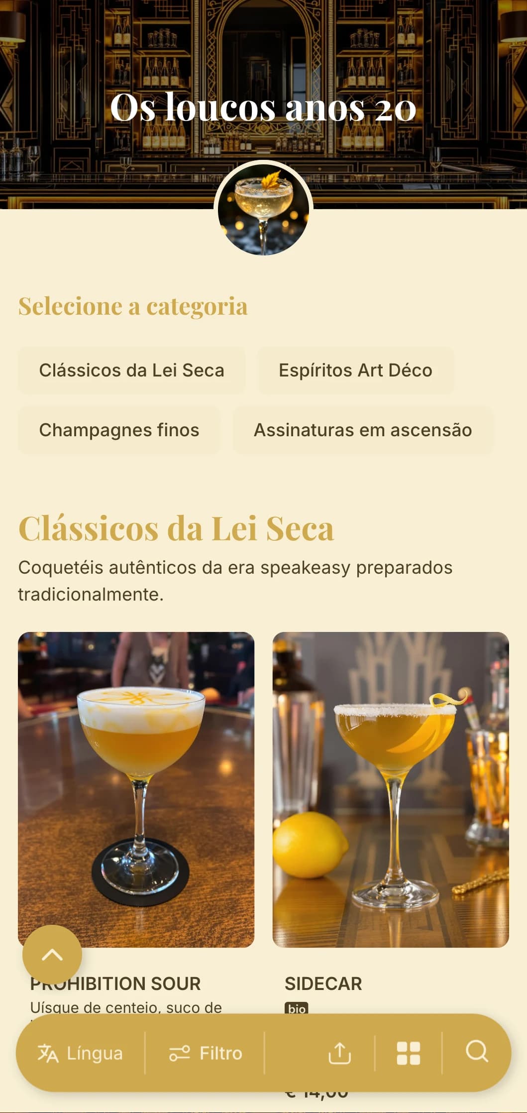 Design dourado e preto inspirado no glamour dos anos 1920 para bares de coquetéis de luxo.