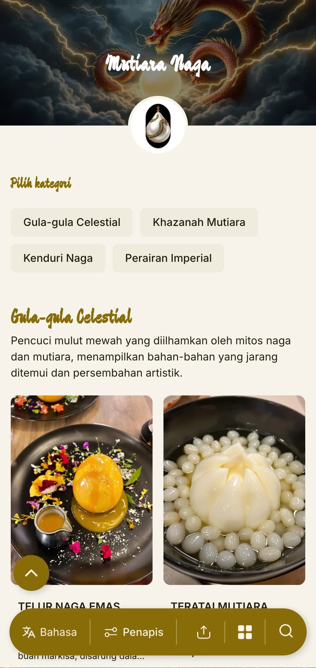 Reka bentuk menu Cina mewah yang menampilkan motif naga dan aksen mutiara, sesuai untuk restoran makanan laut Cina kelas atas dan majlis khas.