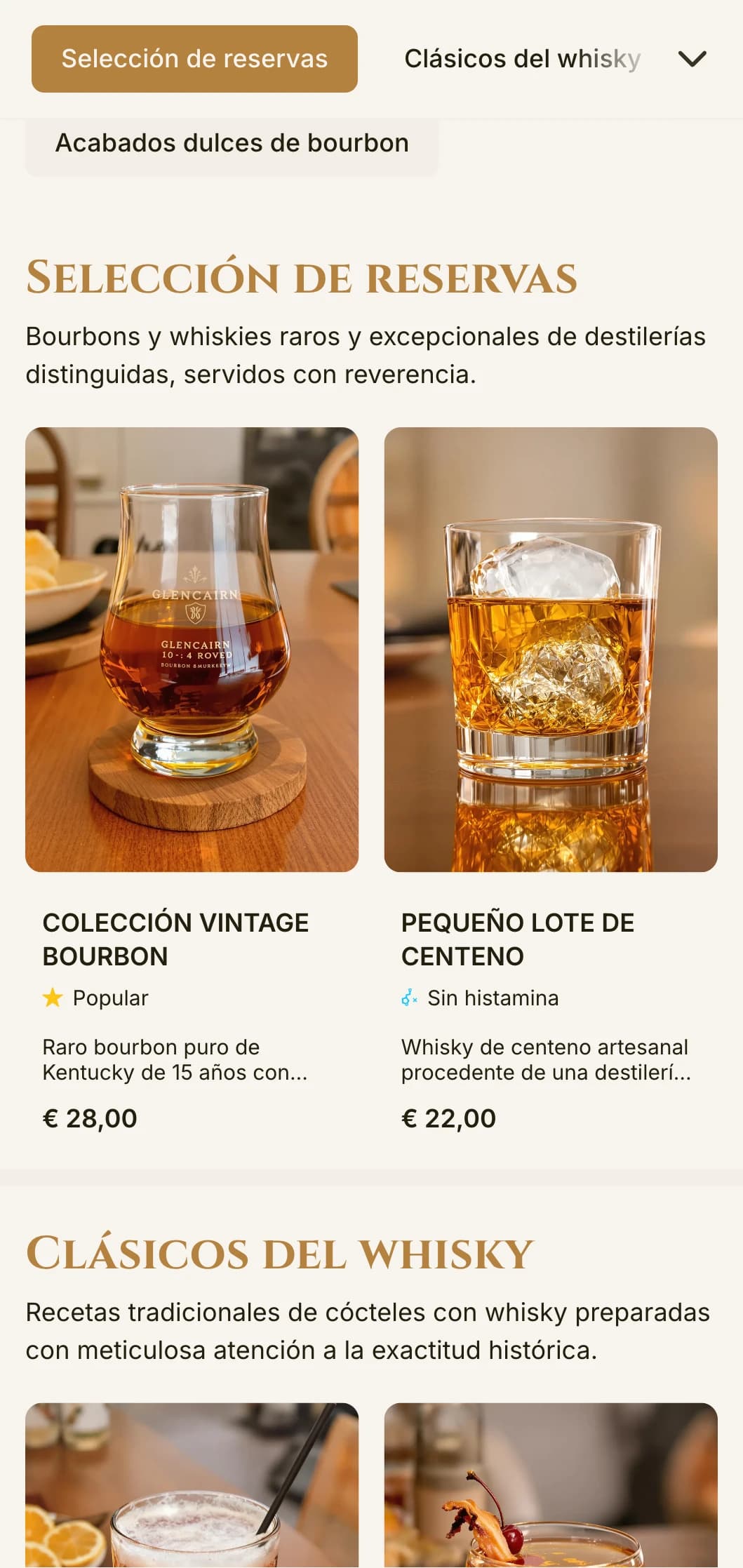 Un diseño elegante y refinado para bares de bourbon y salones de whisky con tipografía vintage y cálidos detalles en ámbar.
