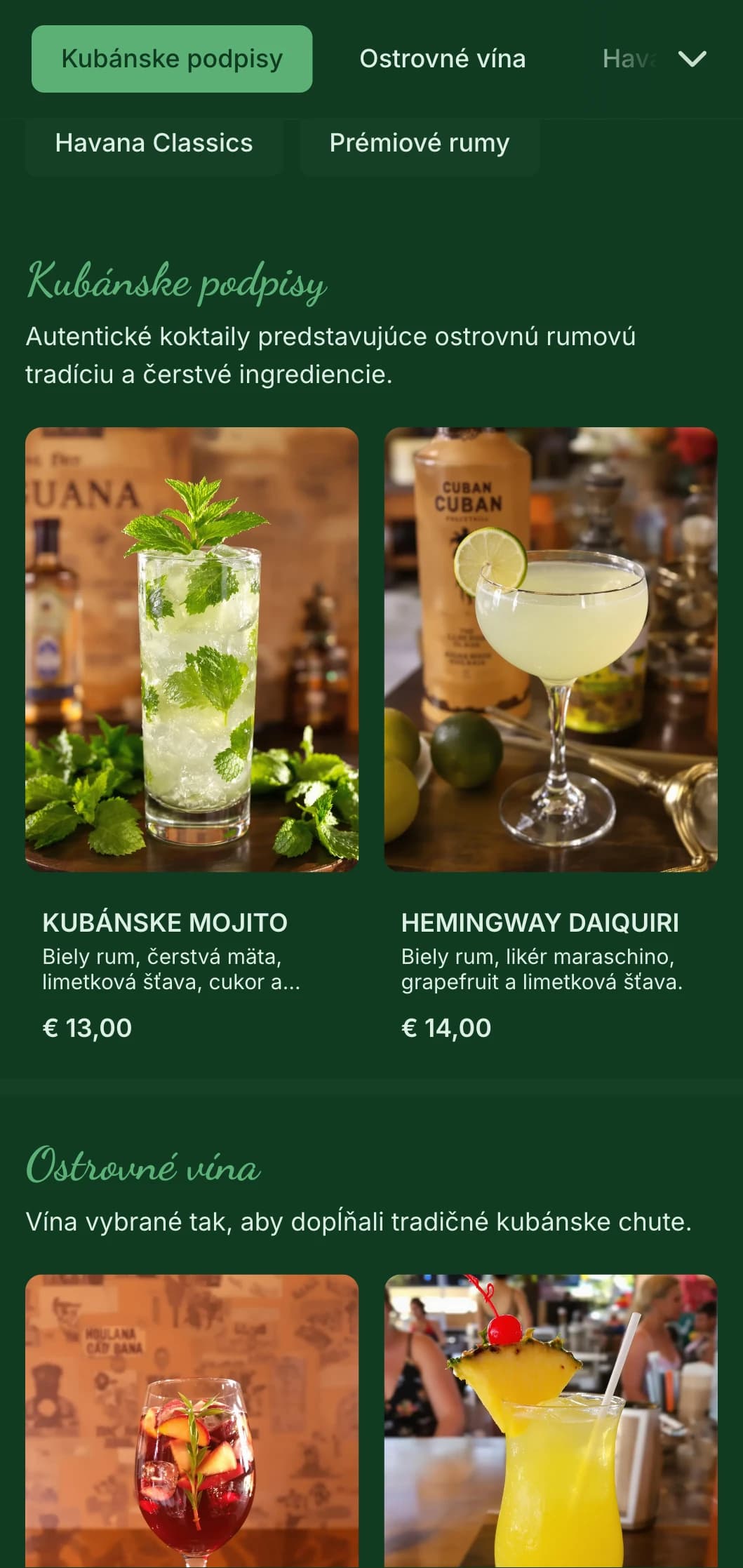Tropický zelený dizajn s vintage prvkami pre rumové bary inšpirované Kubou.