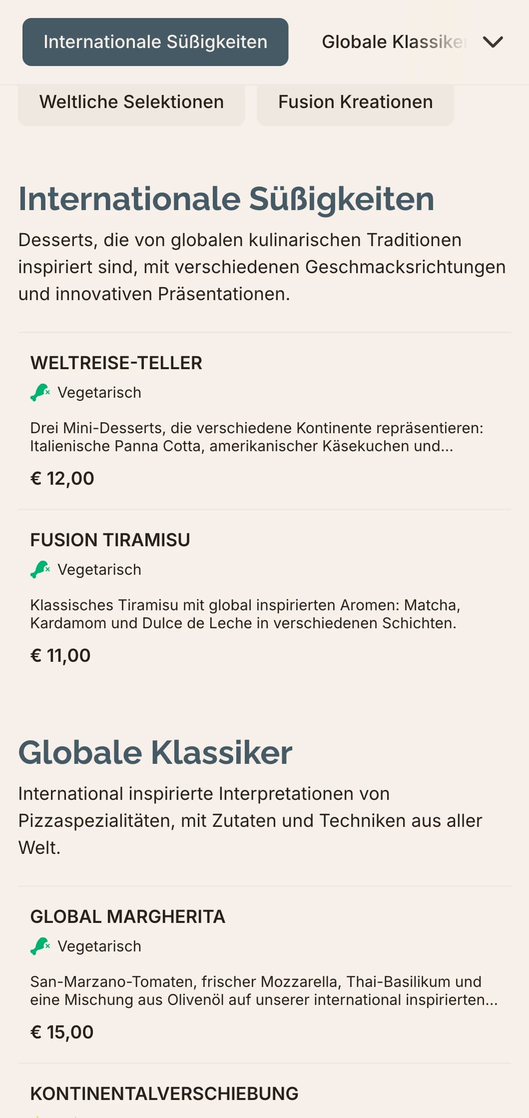 Globale Fusionspizzakarte mit modernem Design für innovative Geschmackskombinationen.