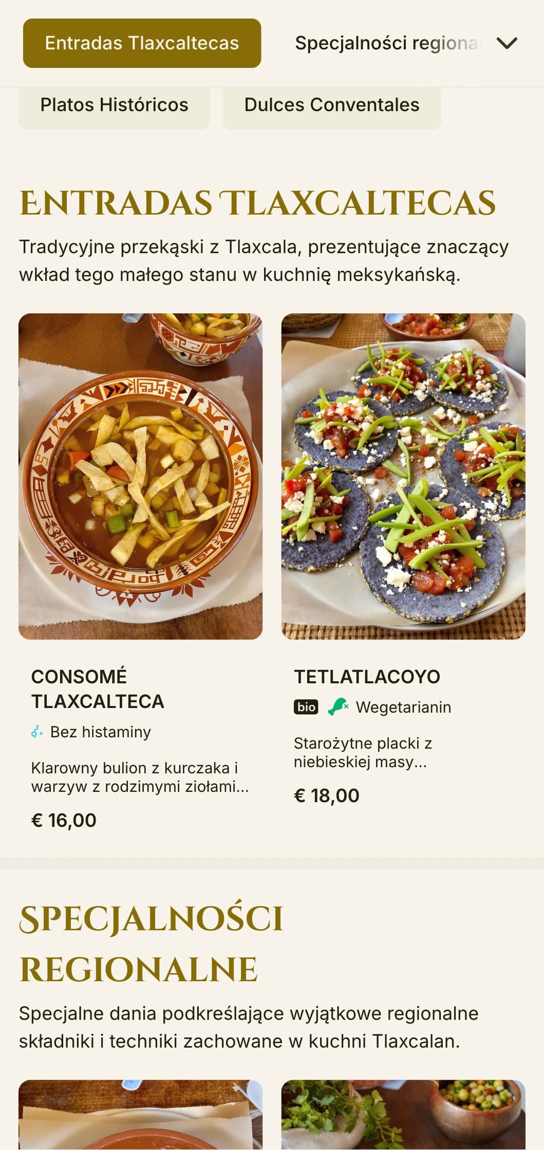 Eleganckie i historyczne menu celebrujące kulinarne tradycje Tlaxcali ze złotymi akcentami, wpływami przedhiszpańskimi i regionalnymi specjałami.