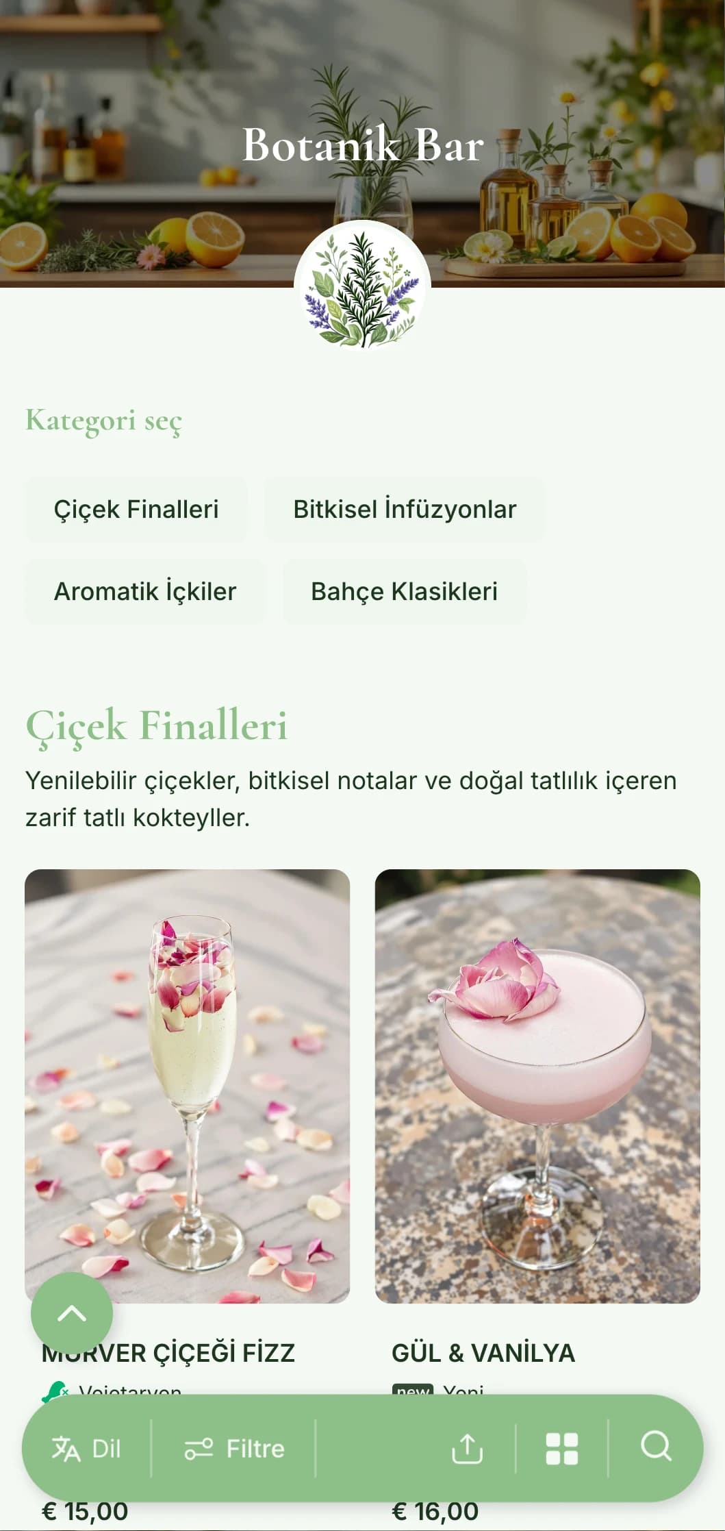 Bitkilerle aşılanmış ve botanik kokteyller konusunda uzmanlaşmış barlar için taze, bahçeden ilham alan bir menü tasarımı.