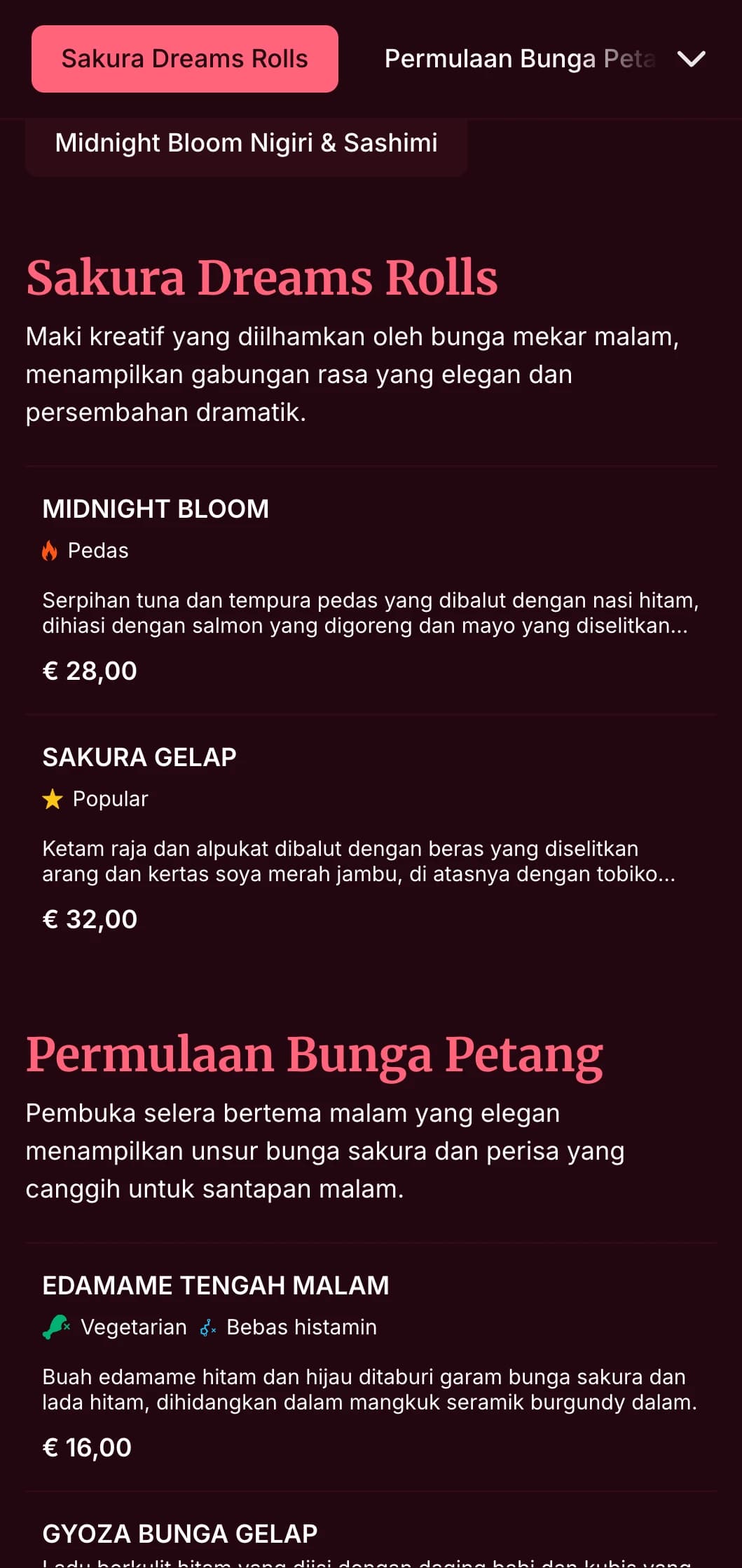 Pengalaman sushi malam yang elegan dengan motif bunga sakura yang dramatik dengan burgundy dalam untuk santapan mewah.