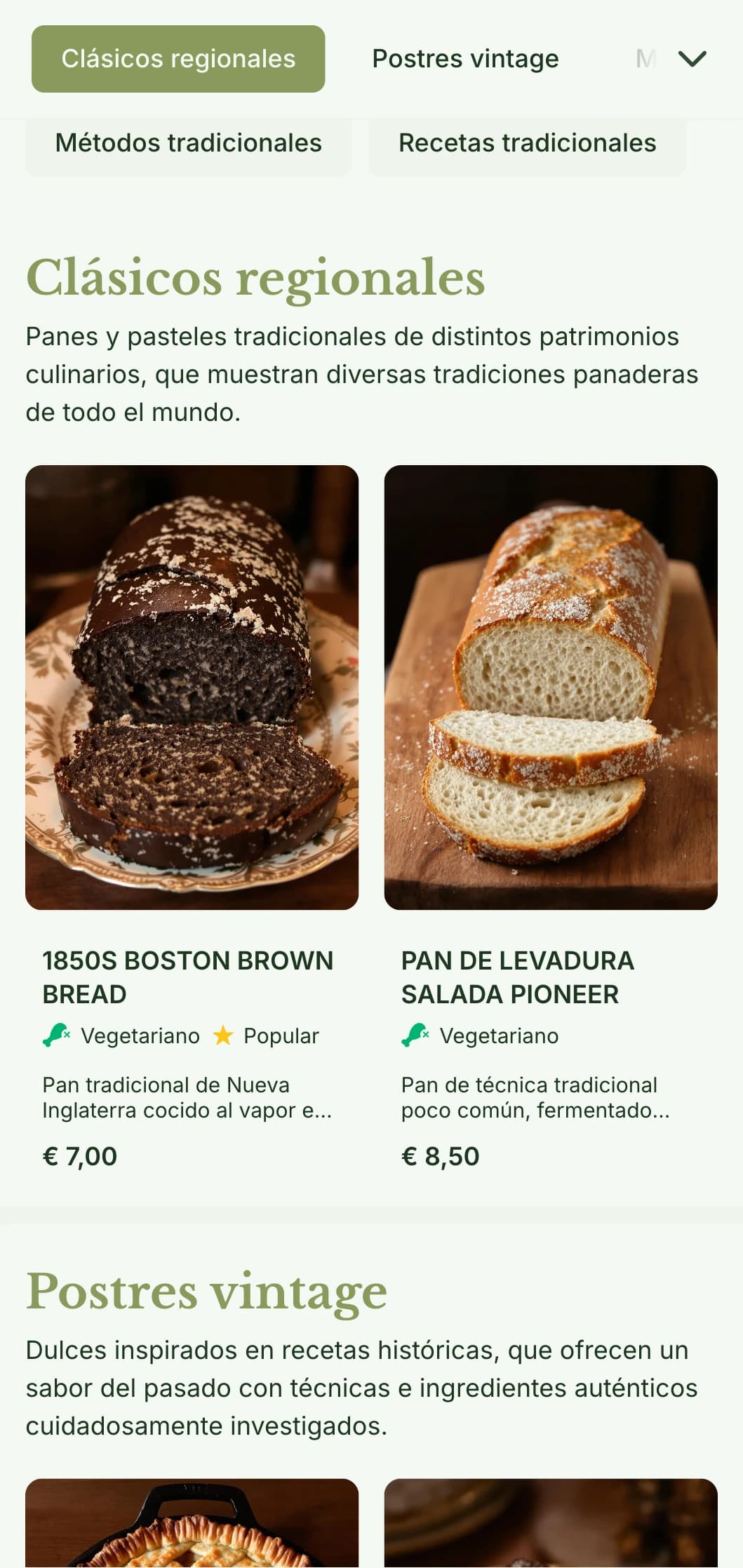 Un diseño de menú de panadería tradicional, inspirado en las reliquias, con tonos verde oliva y tipografía clásica, perfecto para panaderías centradas en recetas históricas.