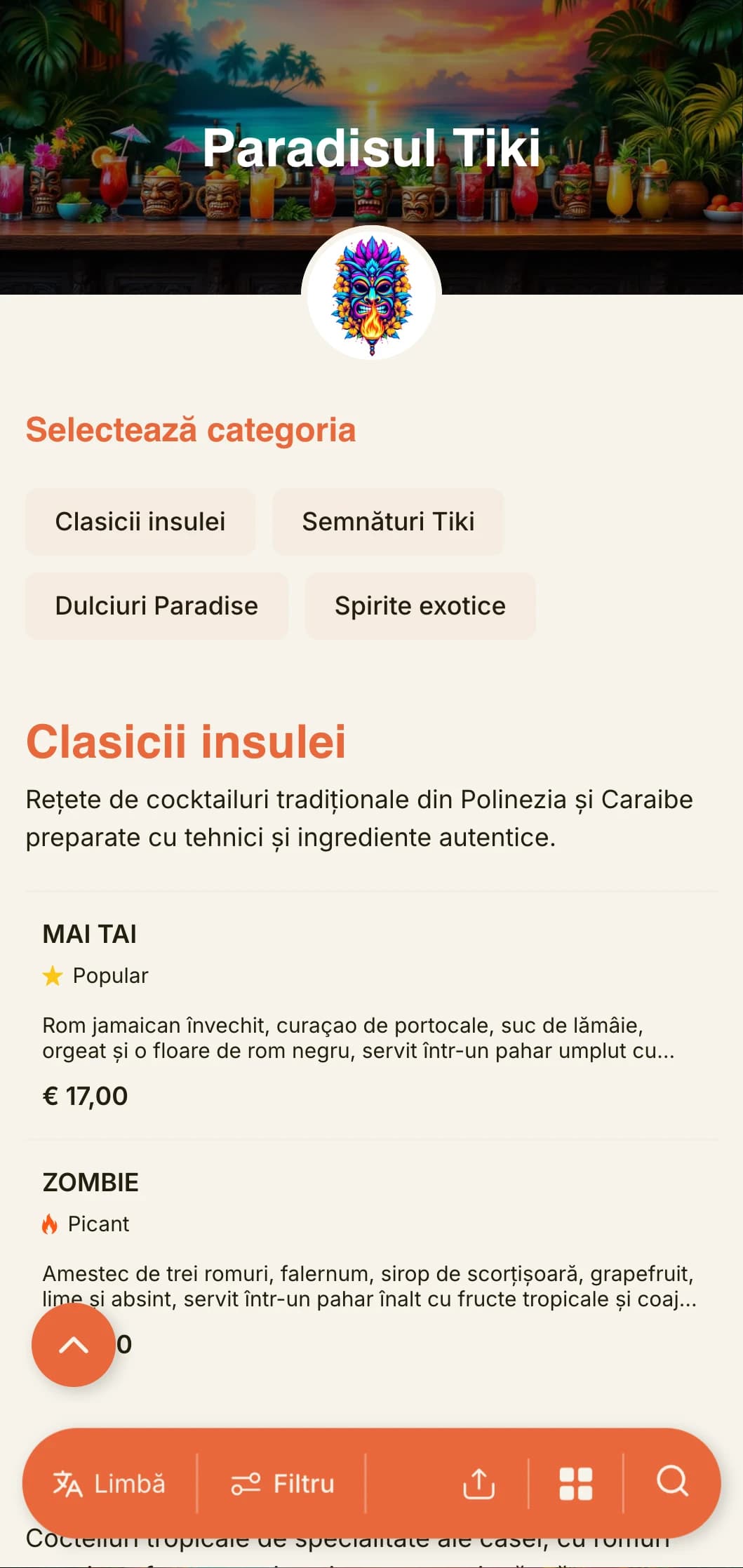 Un design exotic și vibrant pentru baruri tiki și saloane de cocktailuri tropicale, cu tipografie jucăușă și culori calde.
