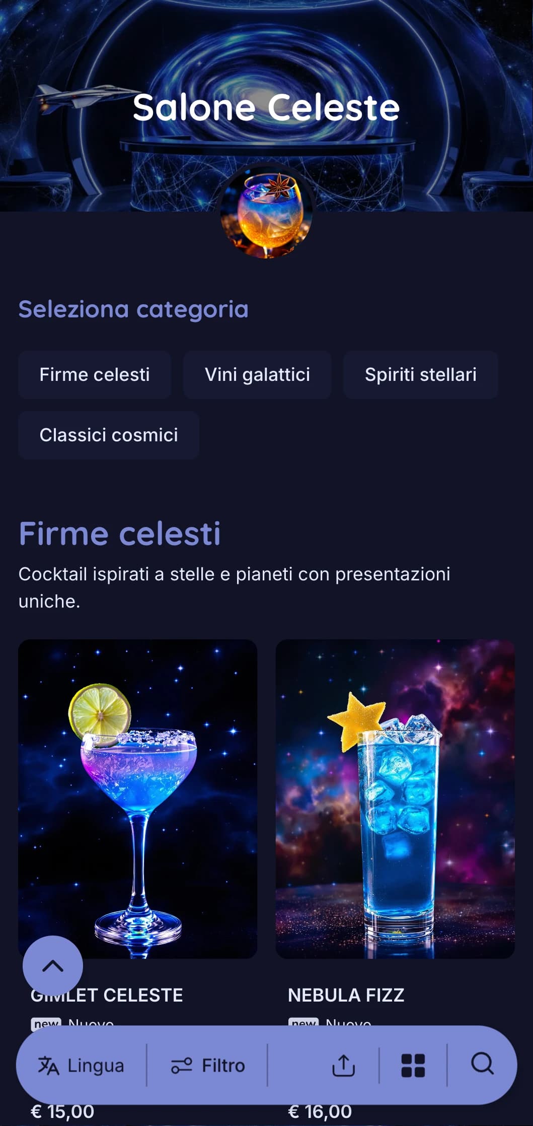 Design blu ispirato alle stelle con elementi celestiali per cocktail bar a tema spaziale.