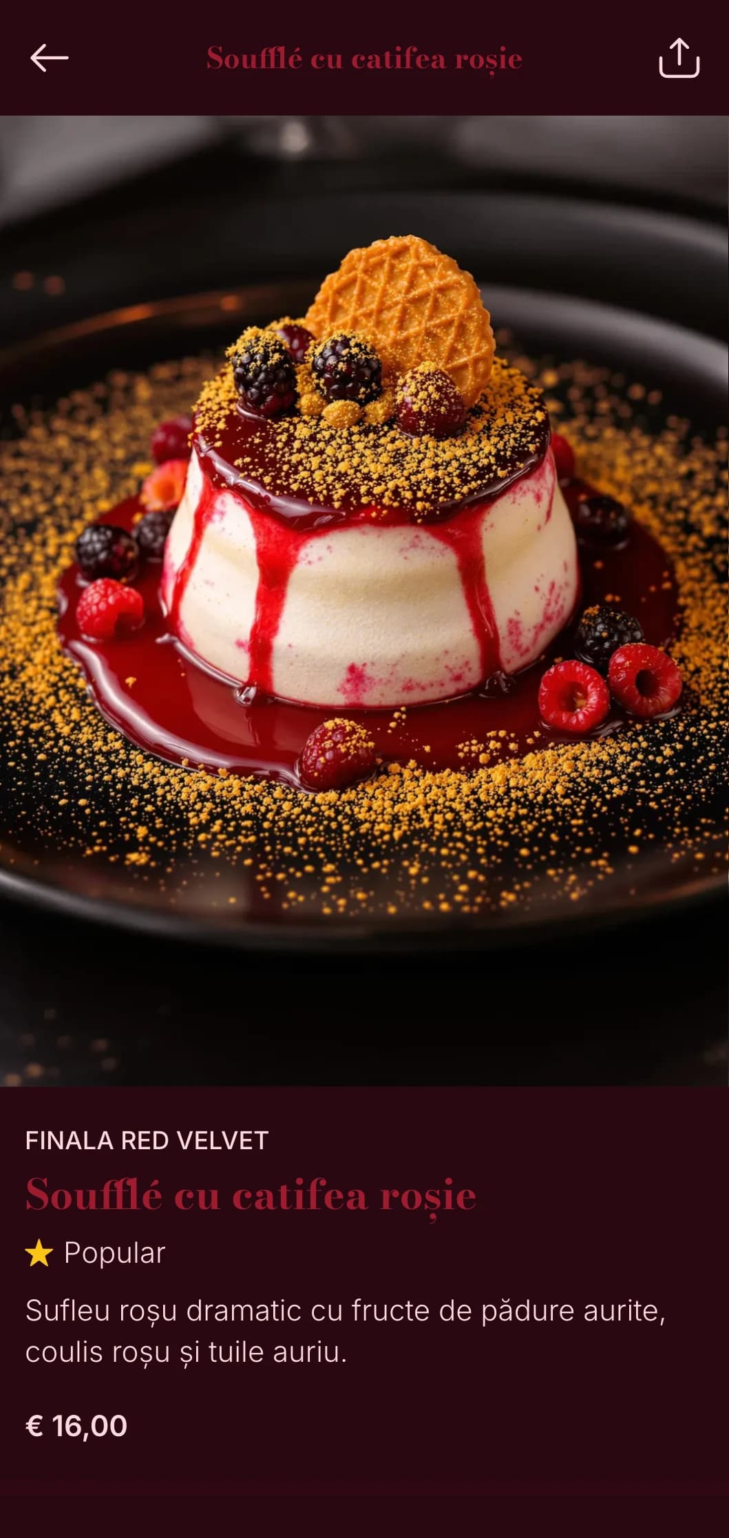Concept culinar îndrăzneț, dramatic, cu tonuri de roșu intens și texturi luxoase pentru o experiență culinară teatrală.