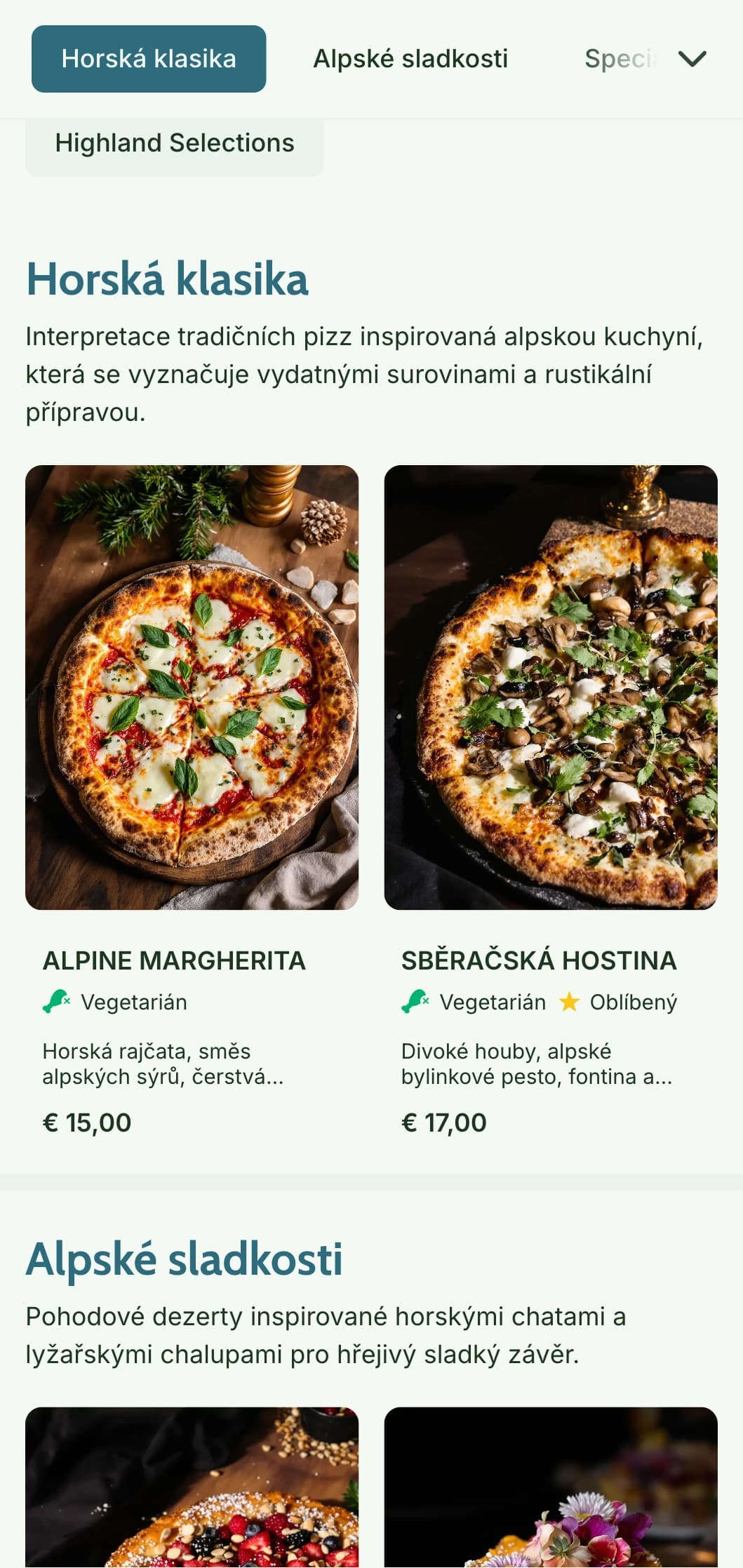 Nabídka pizzy inspirovaná horami s přírodními prvky a rustikální alpskou estetikou.