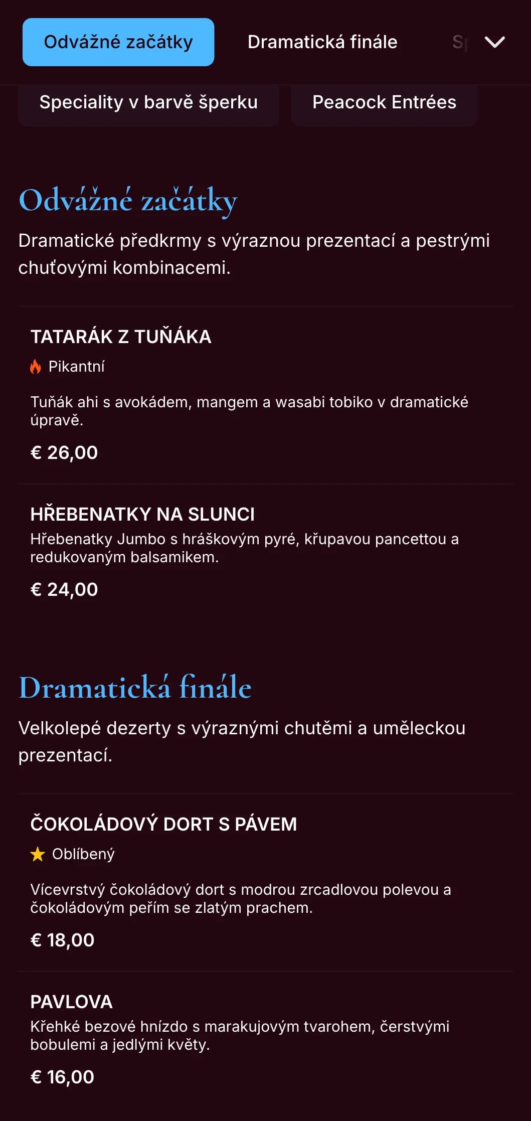 Výrazné paví modré jídelní menu s bohatými šperkovými tóny a dramatickým stylem je určeno pro restaurace s odvážným charakterem.