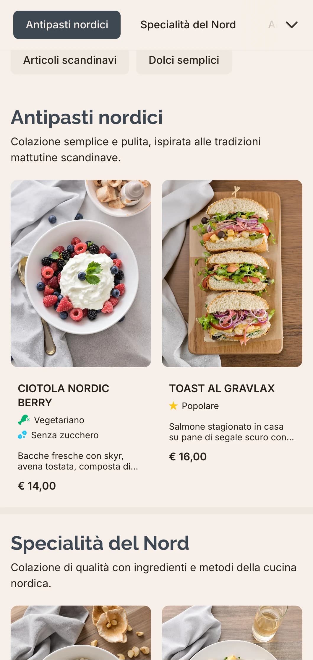 Colazione di ispirazione scandinava con sapori puliti, ingredienti semplici e presentazione sobria.