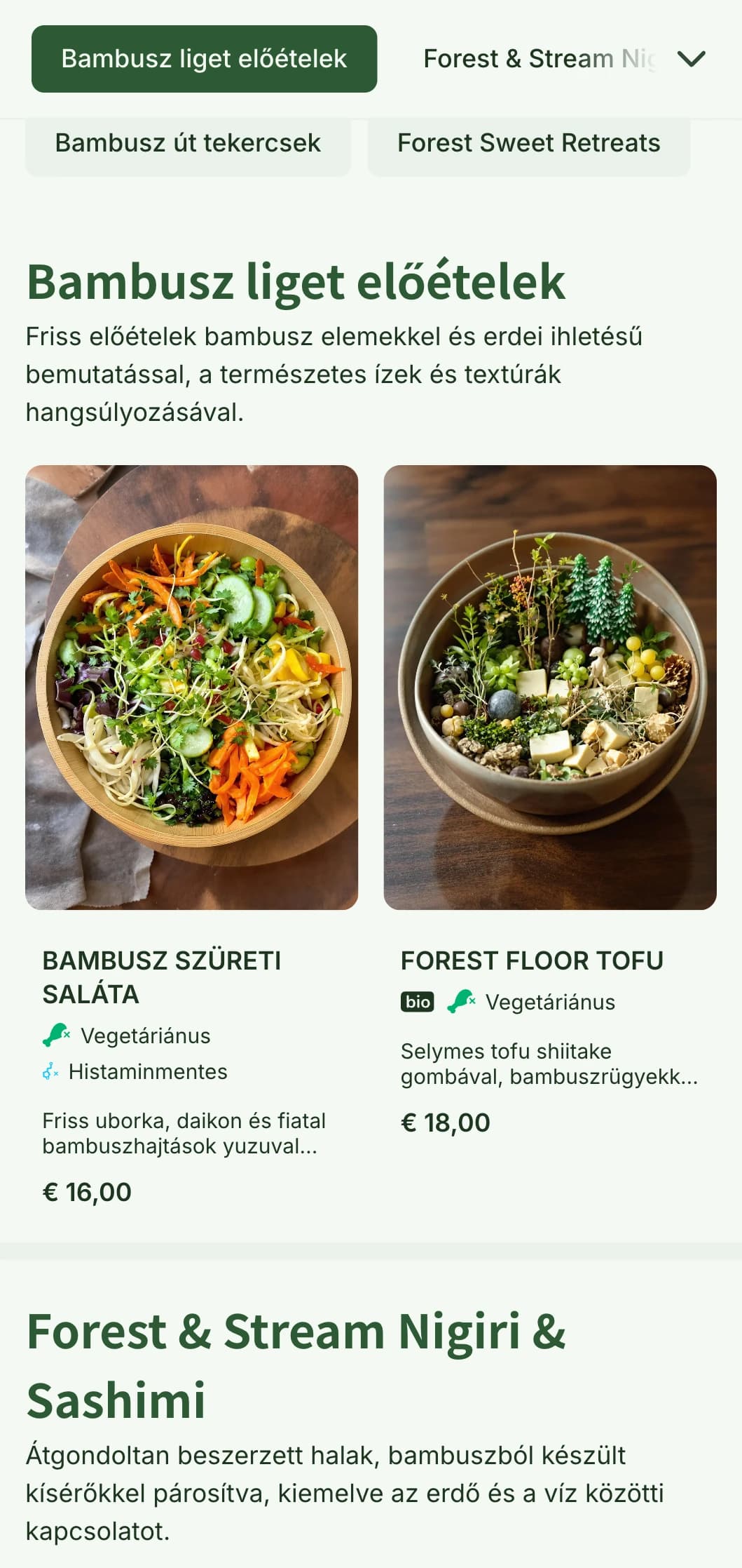 Természetes, bambusz ihlette sushi menü, erdőzöld tónusokkal és organikus elemekkel az autentikus létesítmények számára.
