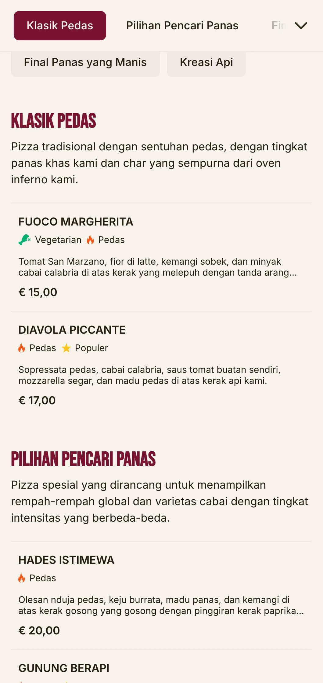 Menu pizza berenergi tinggi dengan tipografi yang berani dan warna-warna cerah untuk spesialis pizza pedas.