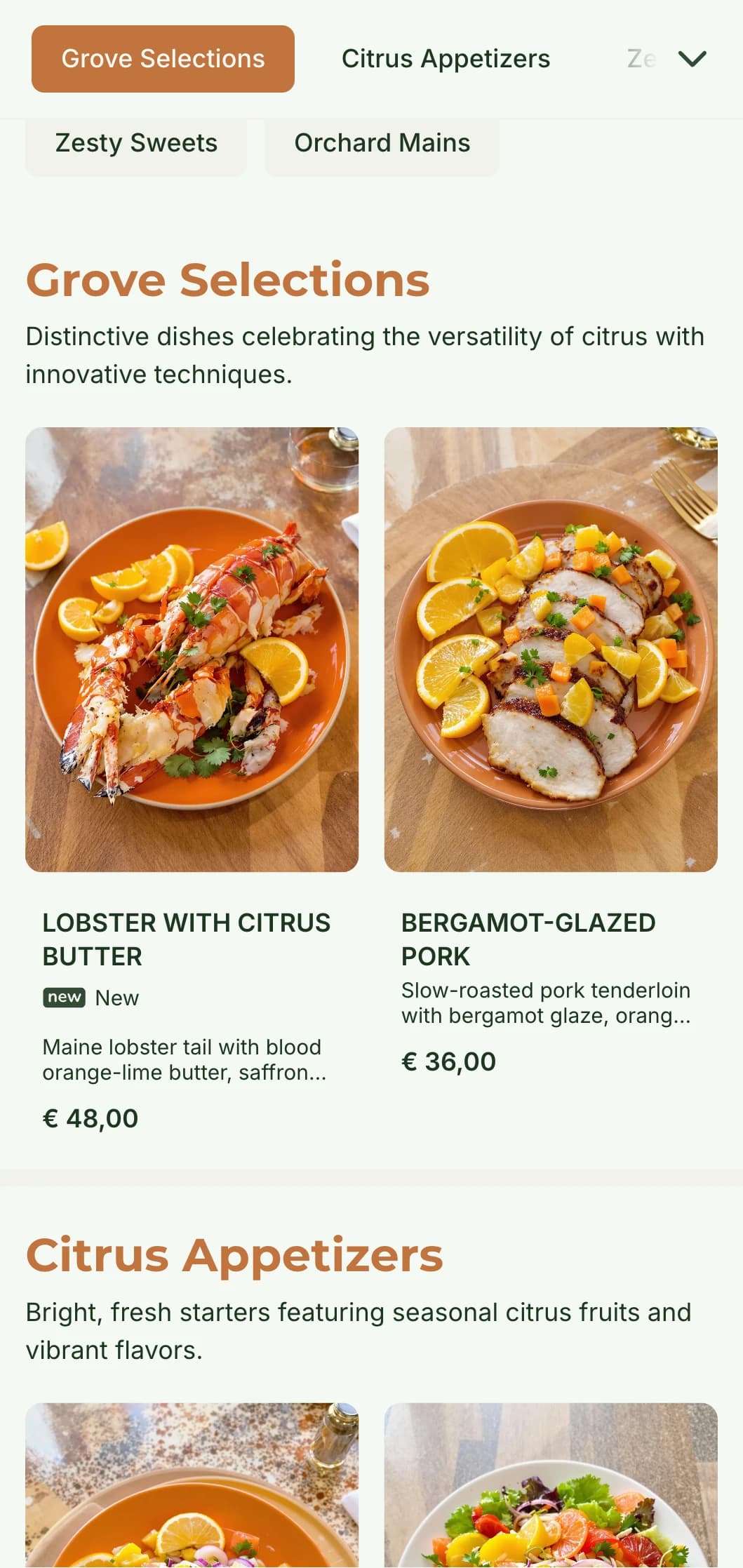 A bright, fresh dinner menu featuring citrus tones and natural elements, perfect for restaurants with Mediterranean influences.