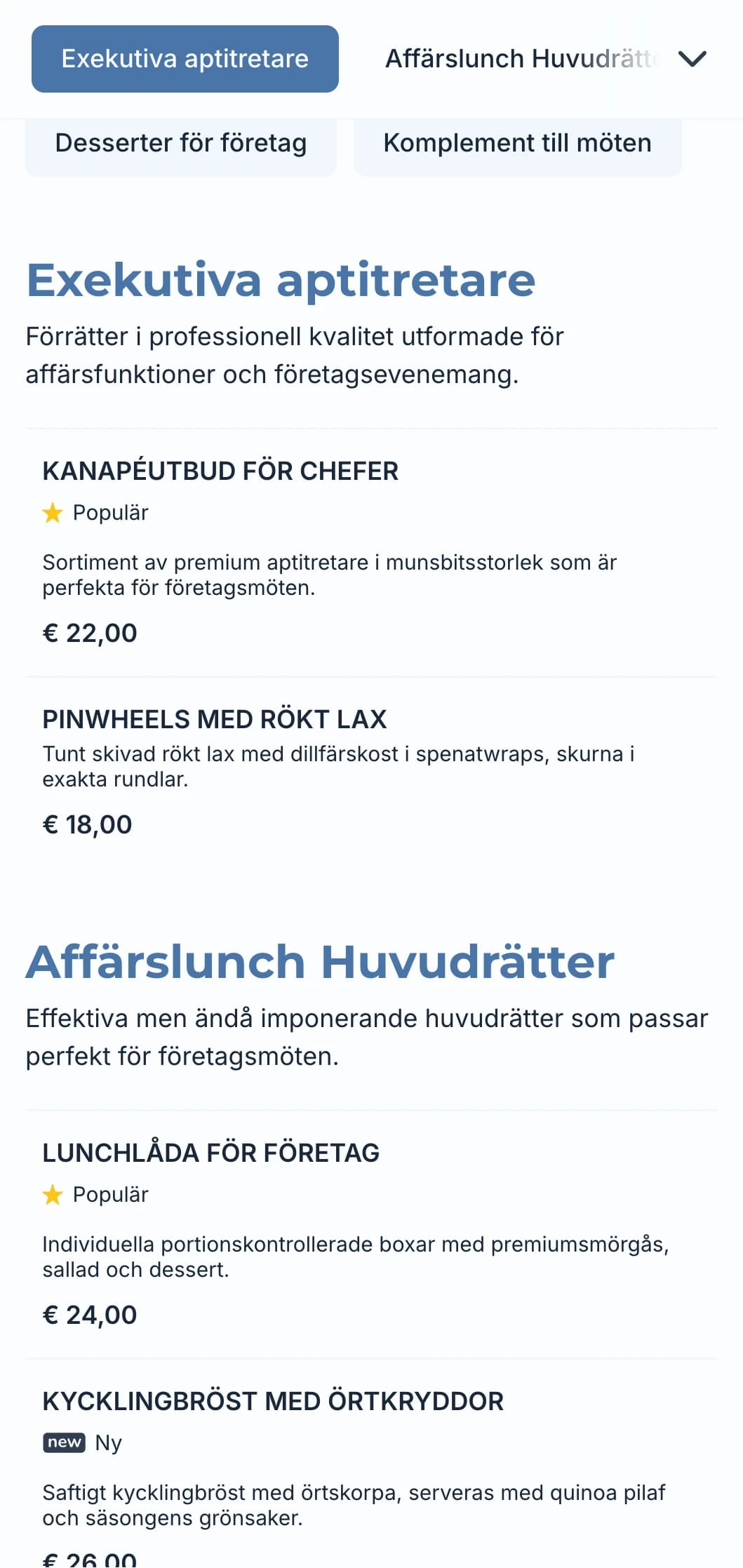 Professionell cateringservice för affärsmöten och företagsevenemang med fokus på effektiv service och kvalitetspresentation.