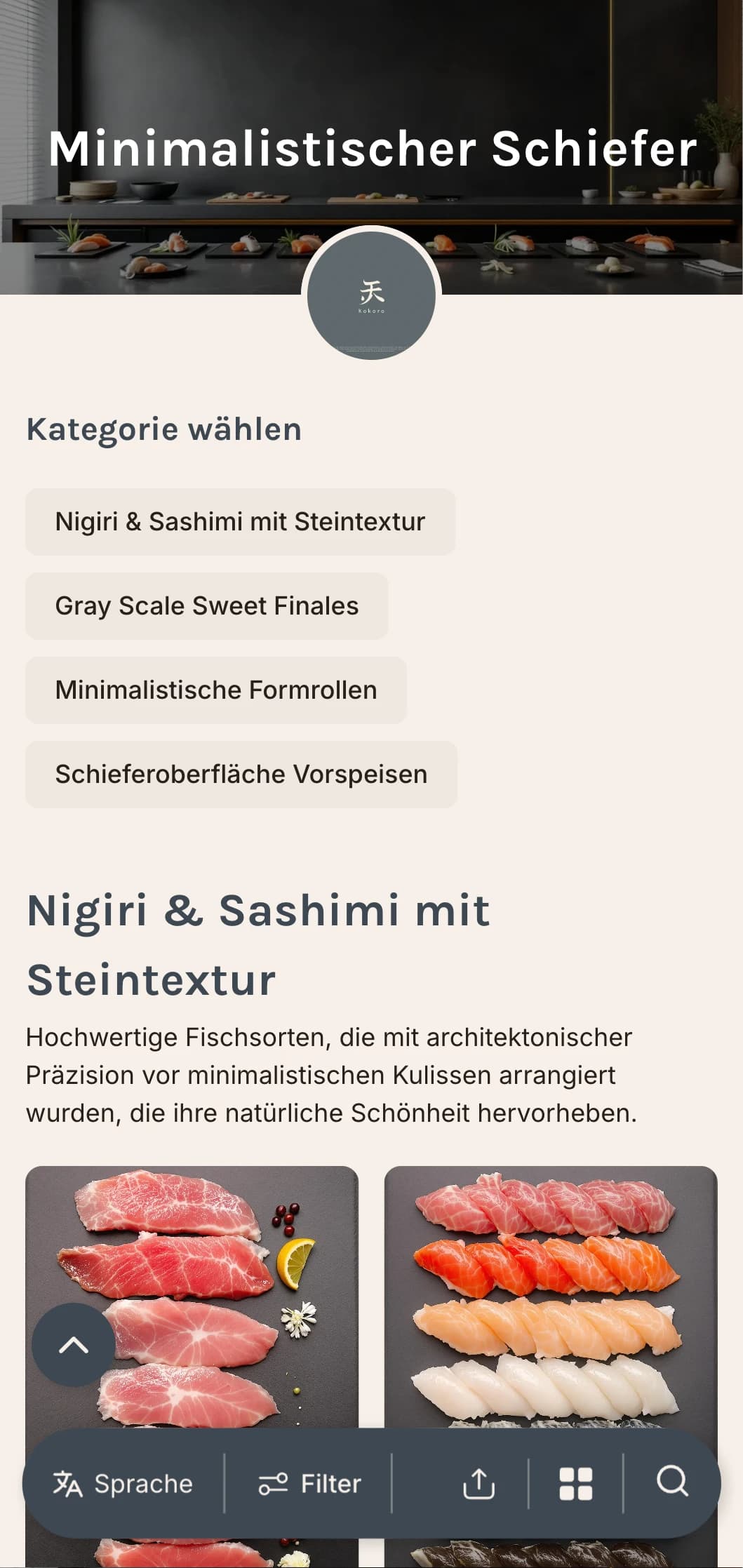 Schlichtes, modernes Sushi-Menü mit schiefergrauen Tönen und minimalistischem Design für gehobene Gelegenheitslokale.