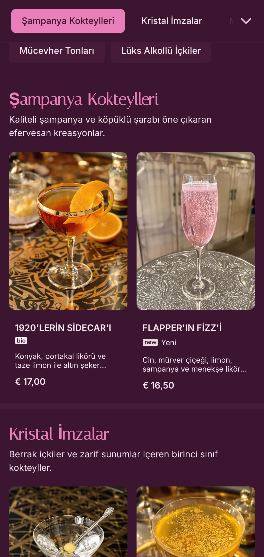 Lüks kokteyl mekanları için sofistike pembe ve kristal esintili tasarım.