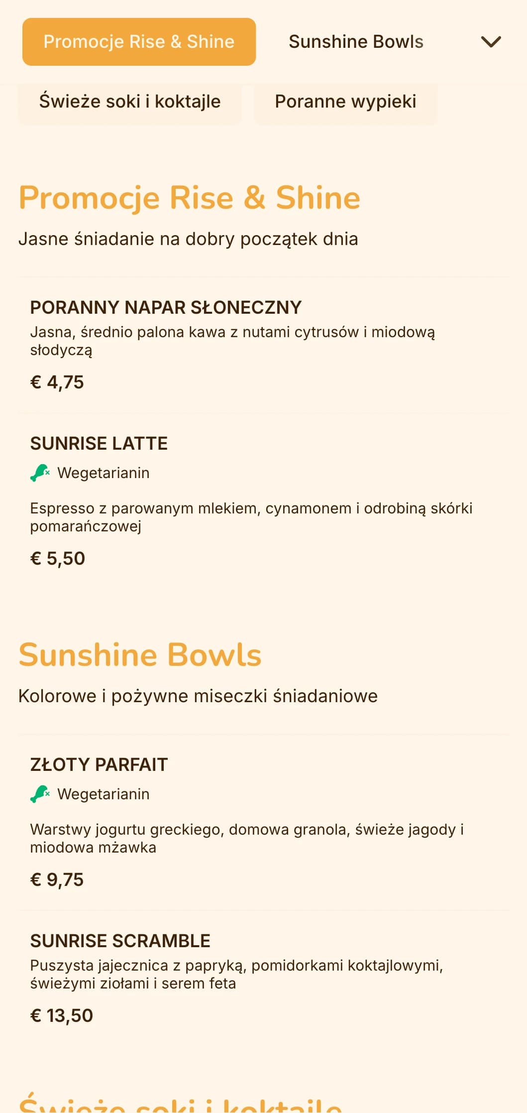 Wesoły żółto-pomarańczowy design ze słonecznymi elementami dla restauracji śniadaniowych i miejsc brunchowych.