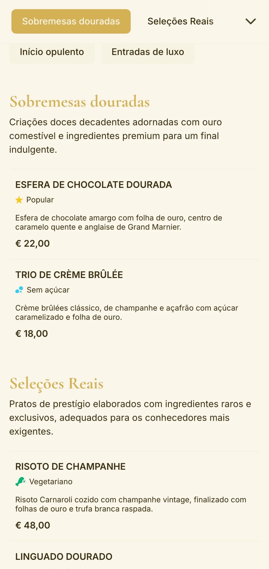 Design opulento com tema dourado que exala luxo e exclusividade, perfeito para estabelecimentos de alto padrão e jantares para ocasiões especiais.