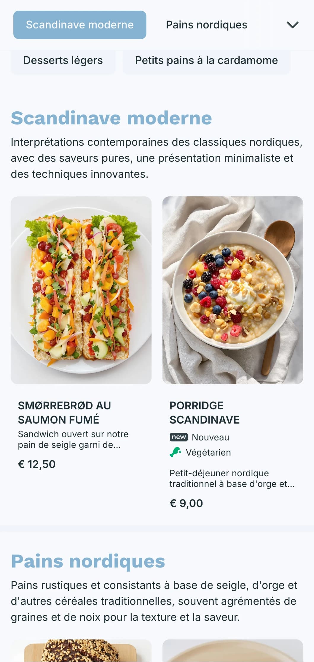 Un menu de boulangerie léger et aéré avec des tons bleus frais et une typographie épurée, parfait pour les boulangeries d'inspiration scandinave et les cafés modernes.