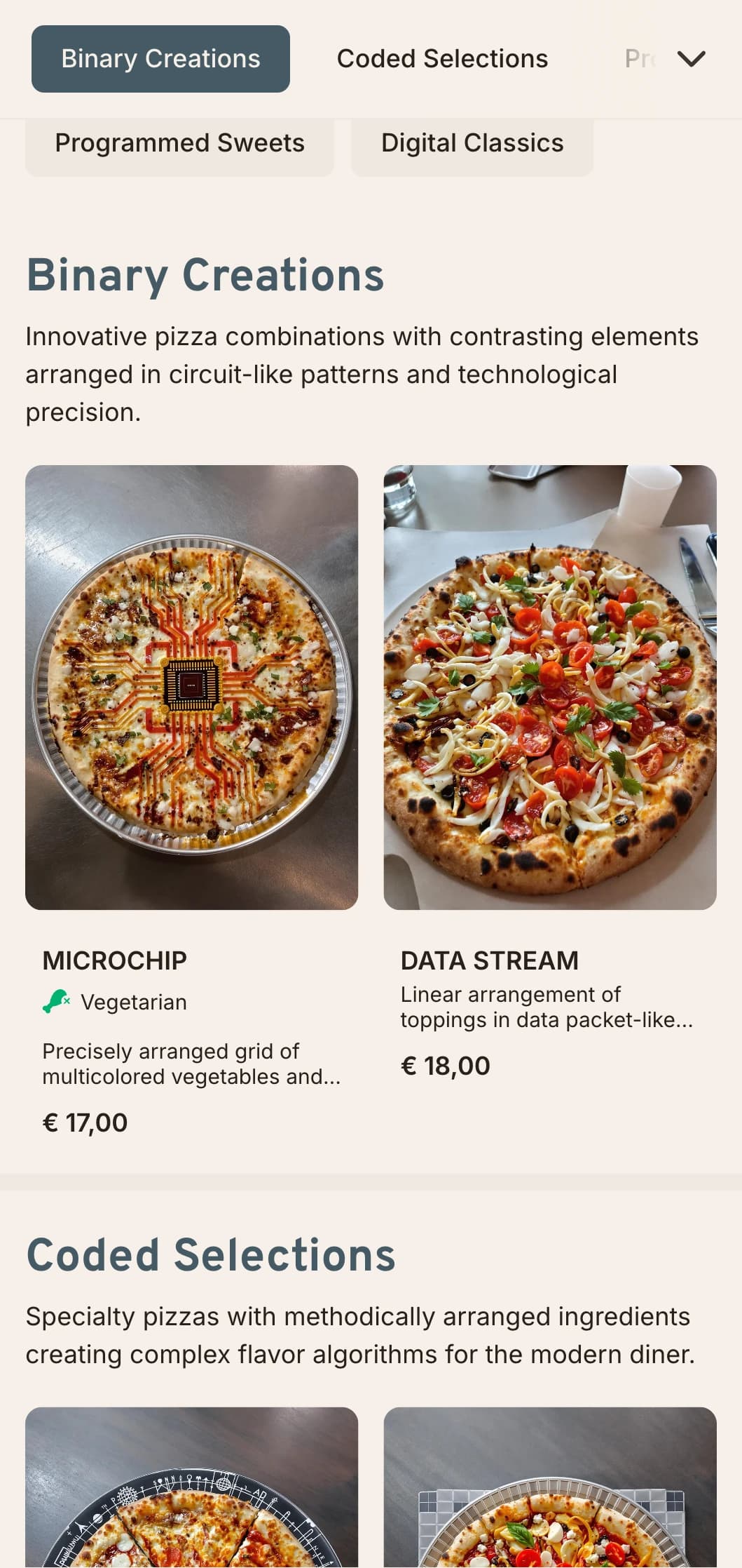 Tech-inspired pizza menu with circuit board aesthetic for contemporary venues.