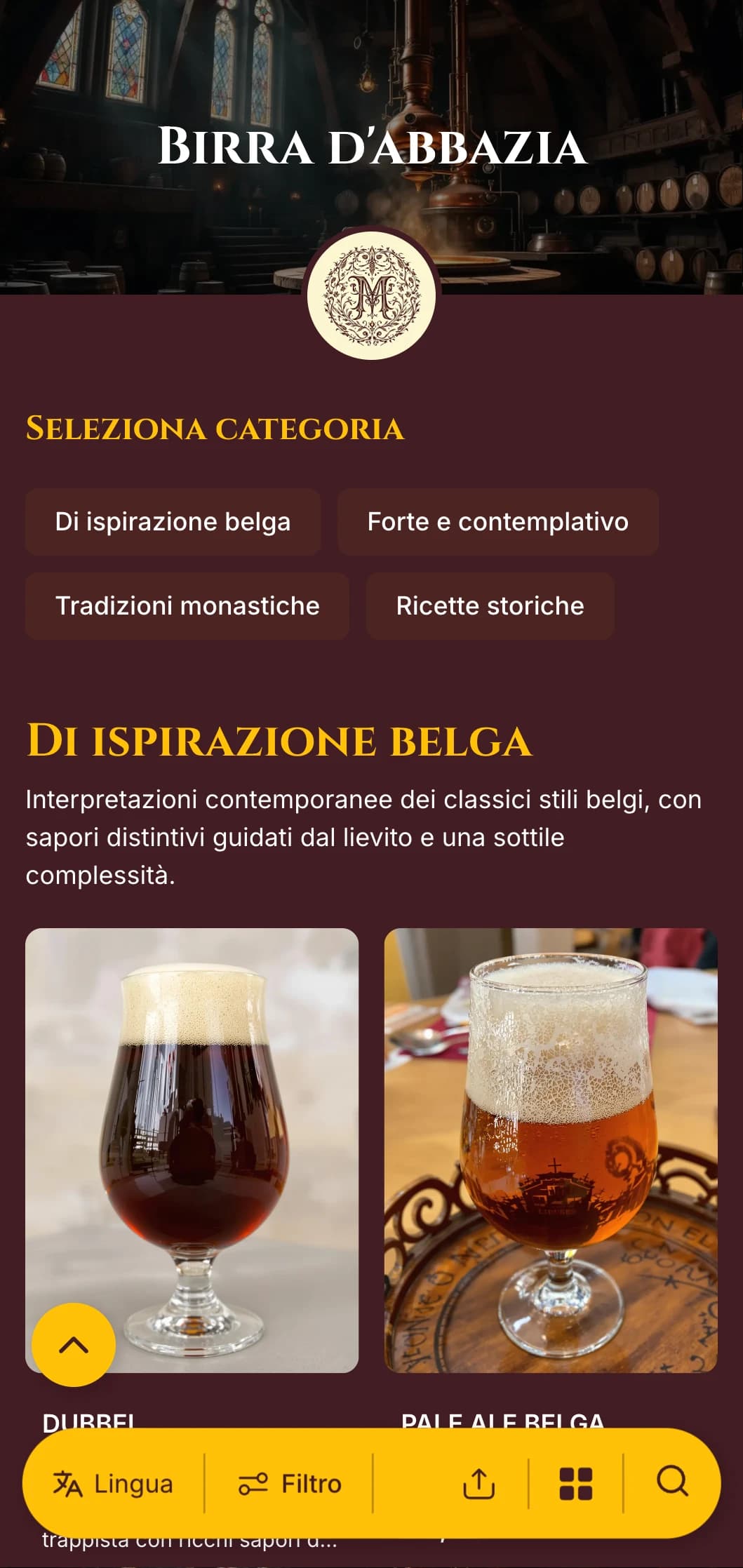 Design elegante e storico ispirato alle tradizioni monastiche della birra, con ricchi toni bordeaux e tipografia classica.