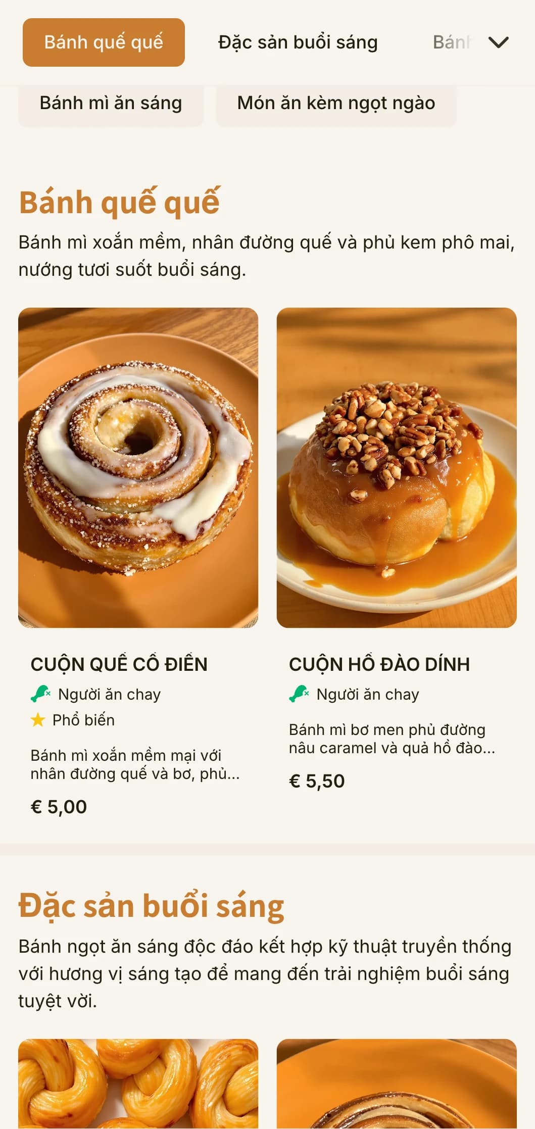 Thiết kế thực đơn bánh ấm áp, hấp dẫn với tông màu cam nâu và kiểu chữ thân thiện, hoàn hảo cho các cửa hàng bánh quế và chuyên gia làm bánh ngọt buổi sáng.