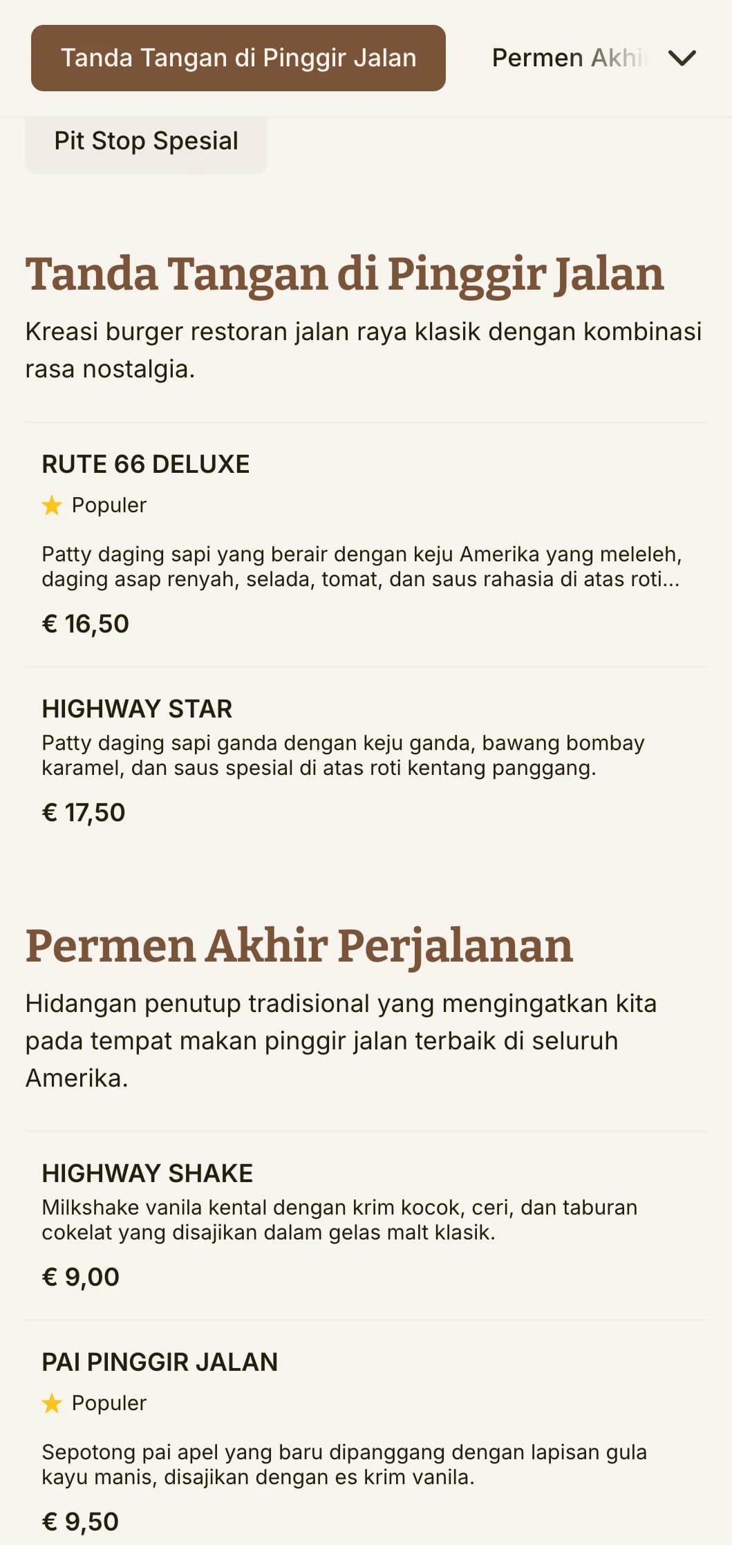 Gerai burger yang terinspirasi dari jalan raya dengan rambu-rambu jalan antik dan nostalgia perjalanan darat klasik Amerika.