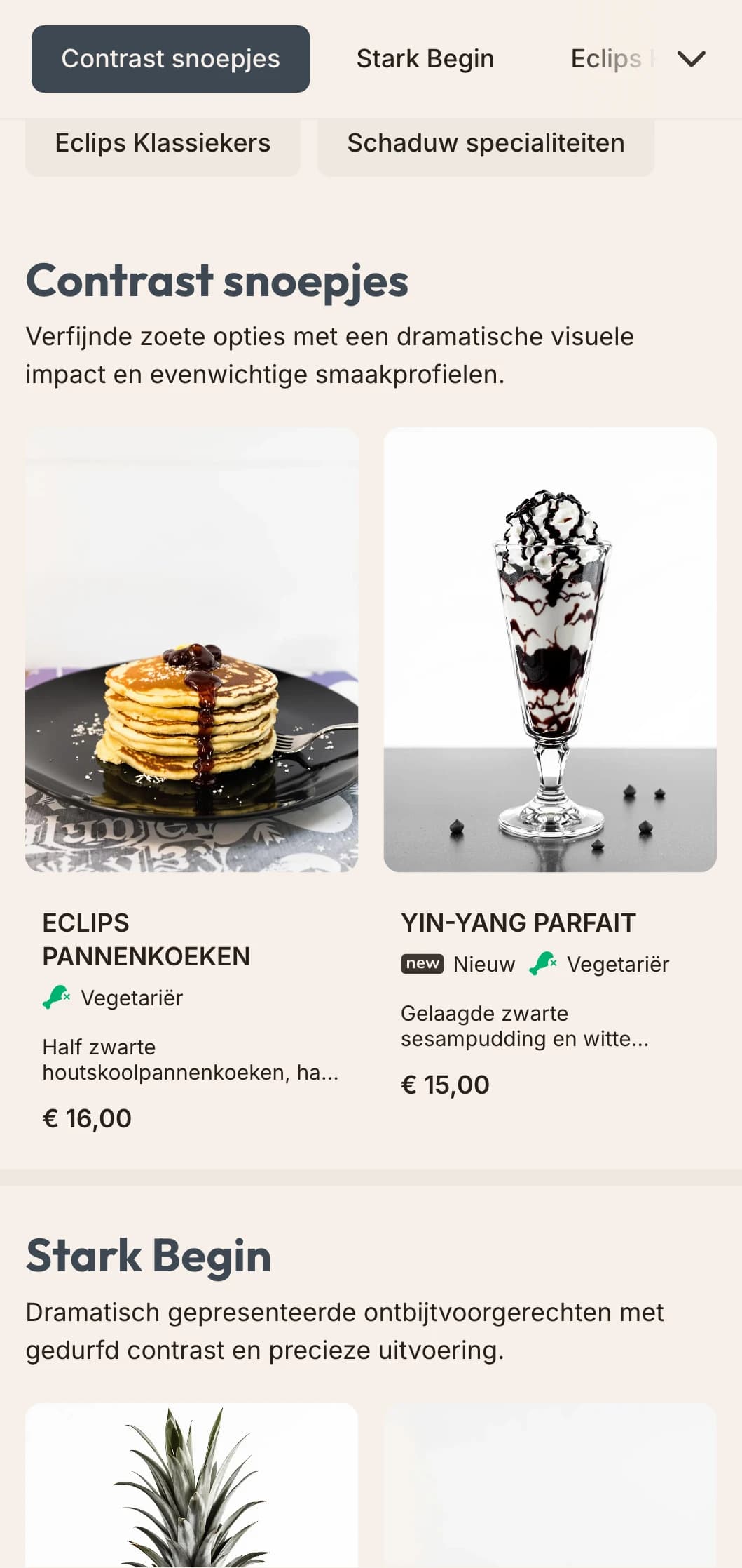 Dramatische ochtendgerechten met sterke contrasten, nauwkeurig opgemaakte borden en gedurfde smaakcombinaties.