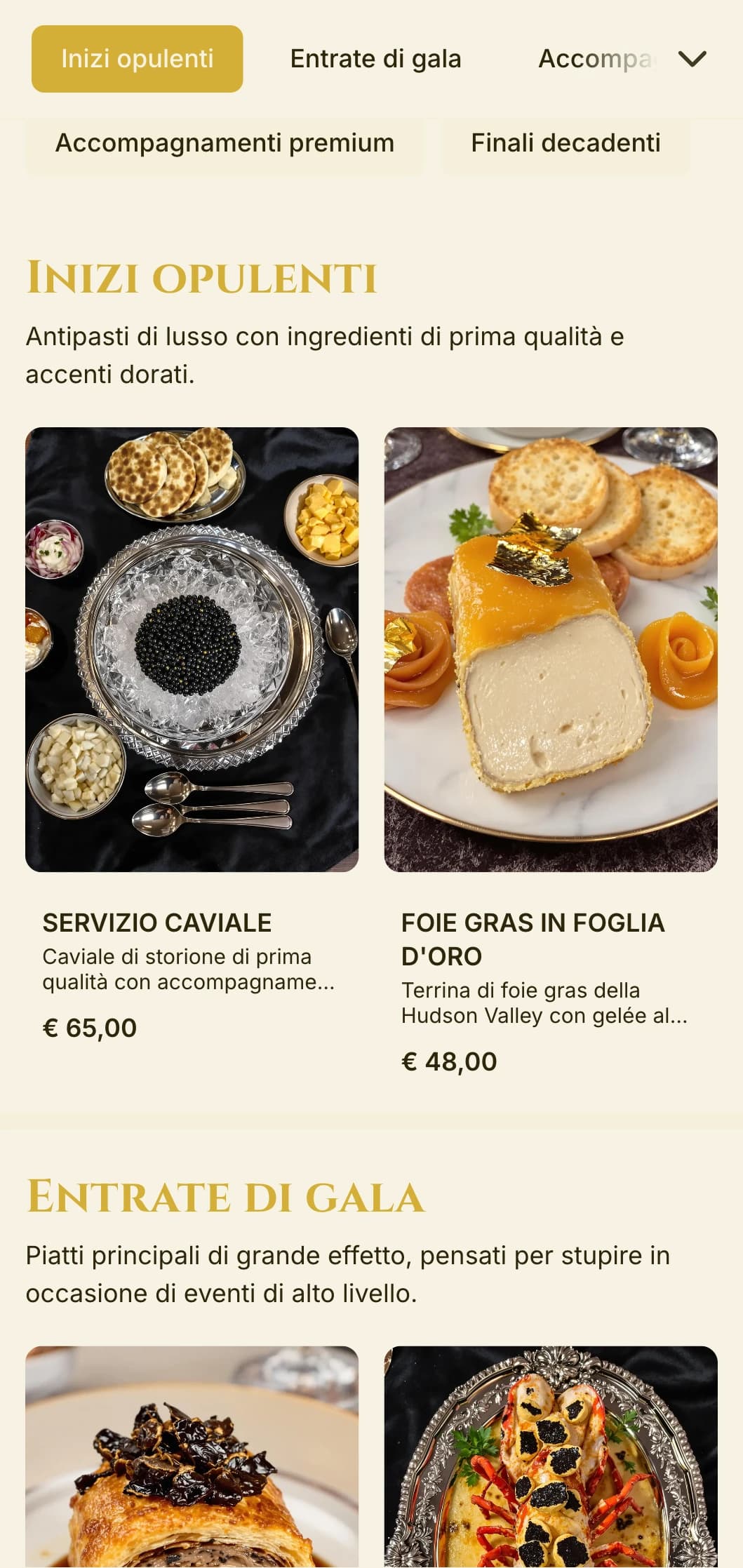 Servizio di catering opulento con ingredienti di prima qualità, accenti dorati e presentazioni stravaganti per serate di gala ed eventi di lusso.