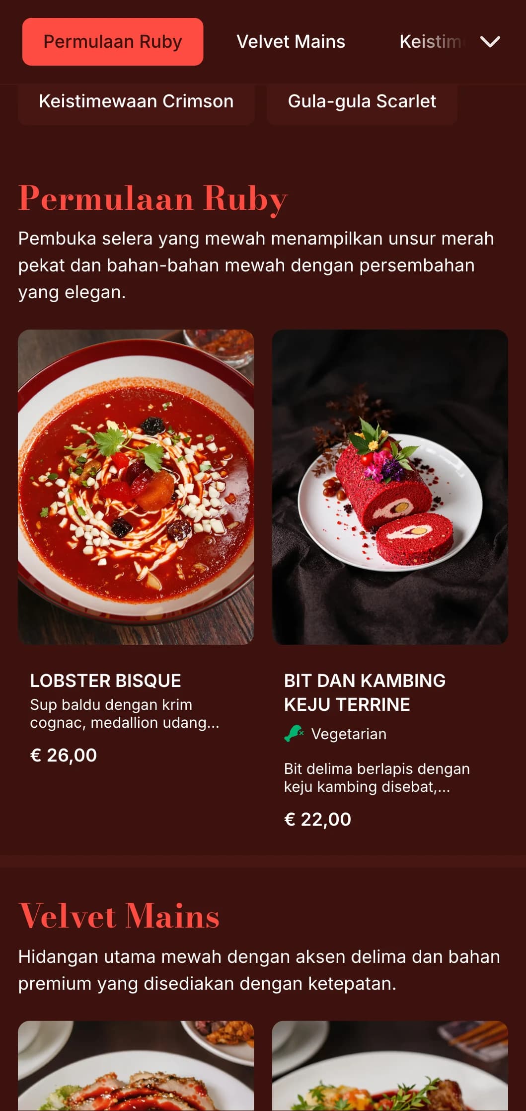Menu makan malam yang kaya, merah delima dengan tekstur mewah dan unsur dramatik, direka untuk tempat makan romantis.