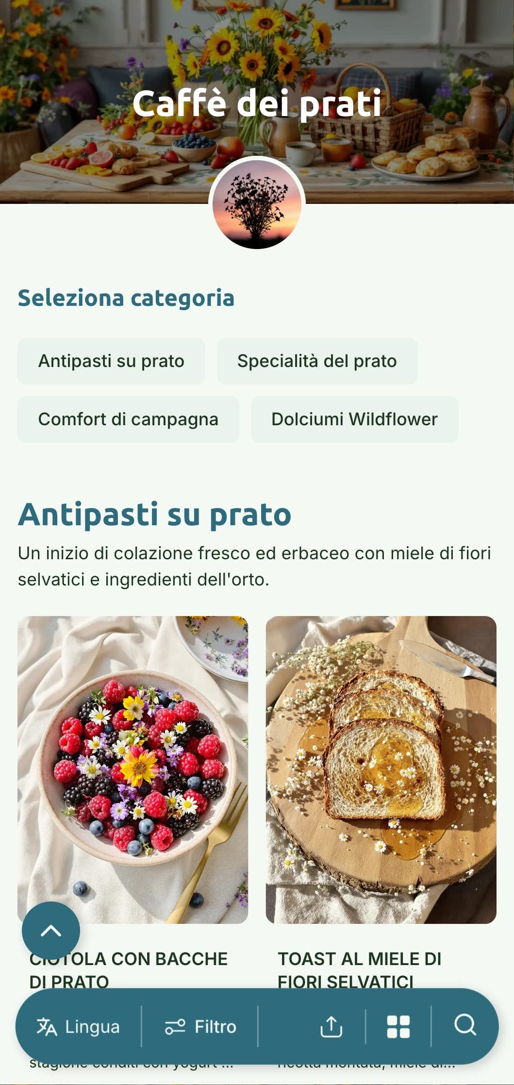 Colazione fresca e genuina, ispirata ai fiori di campo e alle erbe, in una presentazione luminosa e naturale.