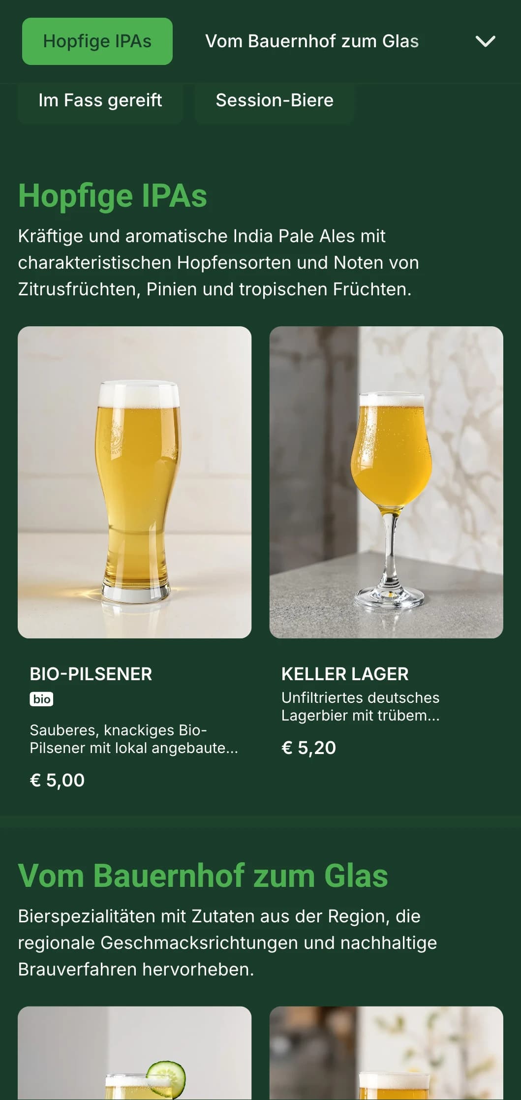 Modernes und klares Design für zeitgenössische Brauereien und Biergärten, mit botanischen Akzenten und einer frischen Farbpalette, die die Bierzutaten hervorhebt.