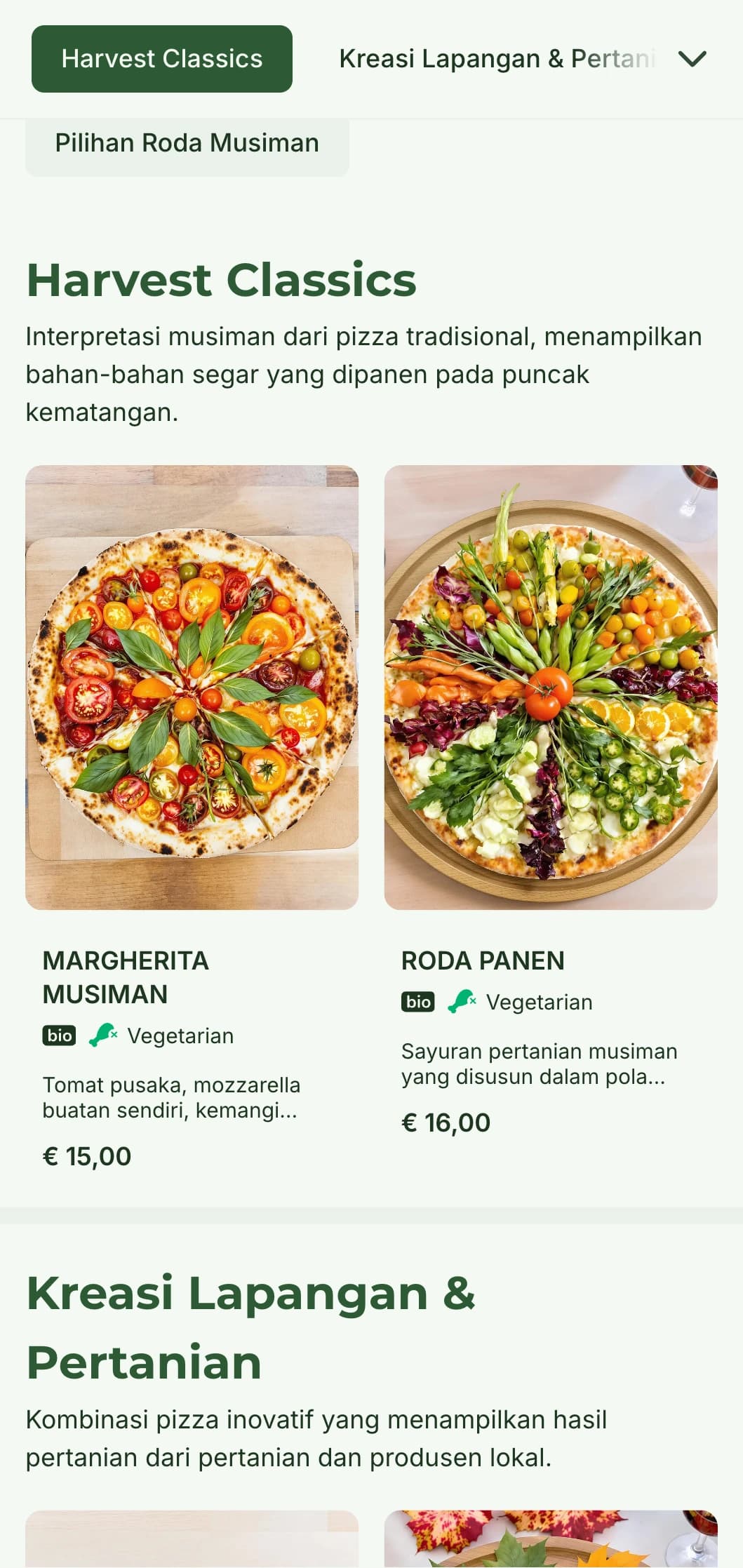 Menu pizza yang disajikan langsung dari kebun dengan bahan-bahan musiman dan olahan khas pedesaan.