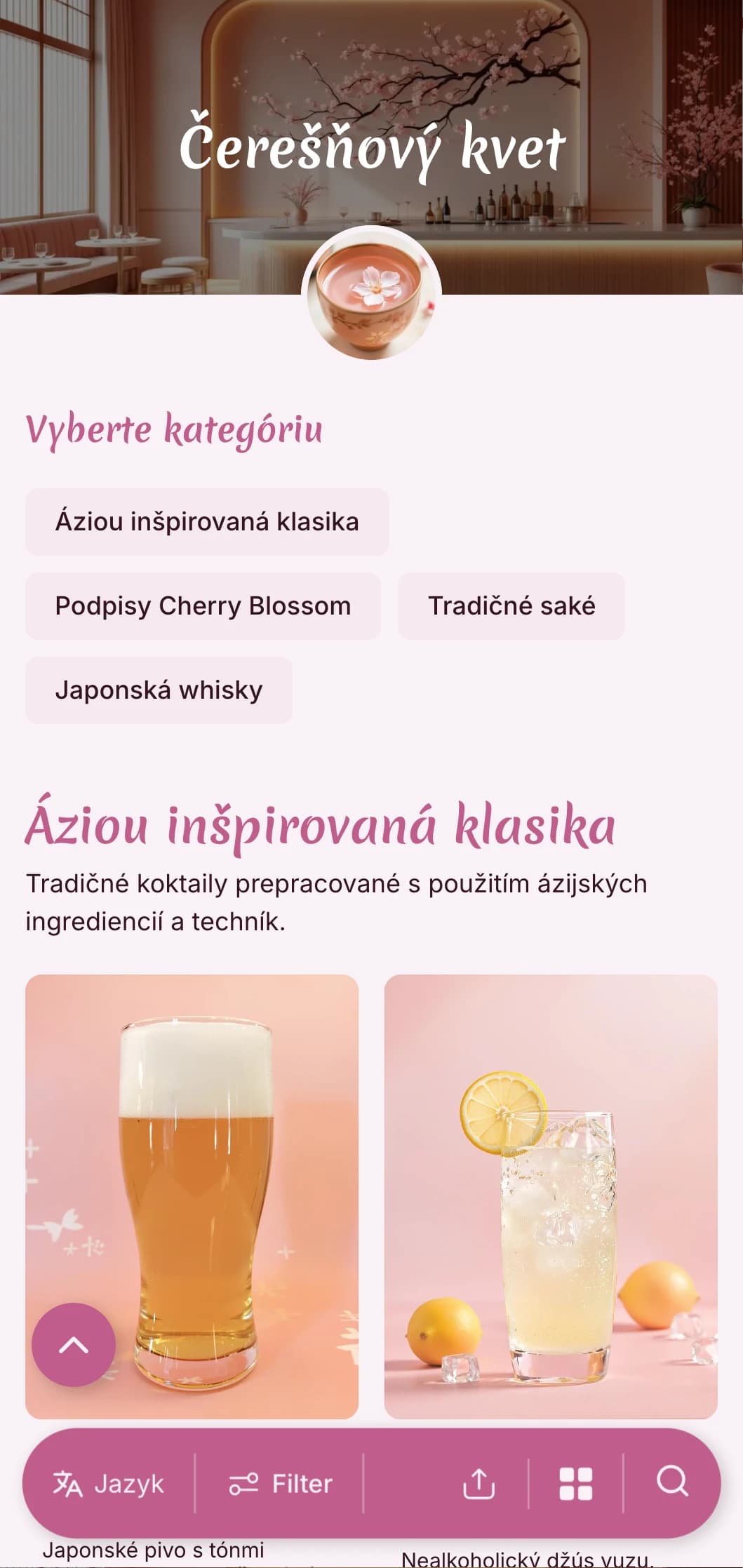 Jemný ružový dizajn inšpirovaný japonskou estetikou pre bary so saké a ázijskou fúziou.