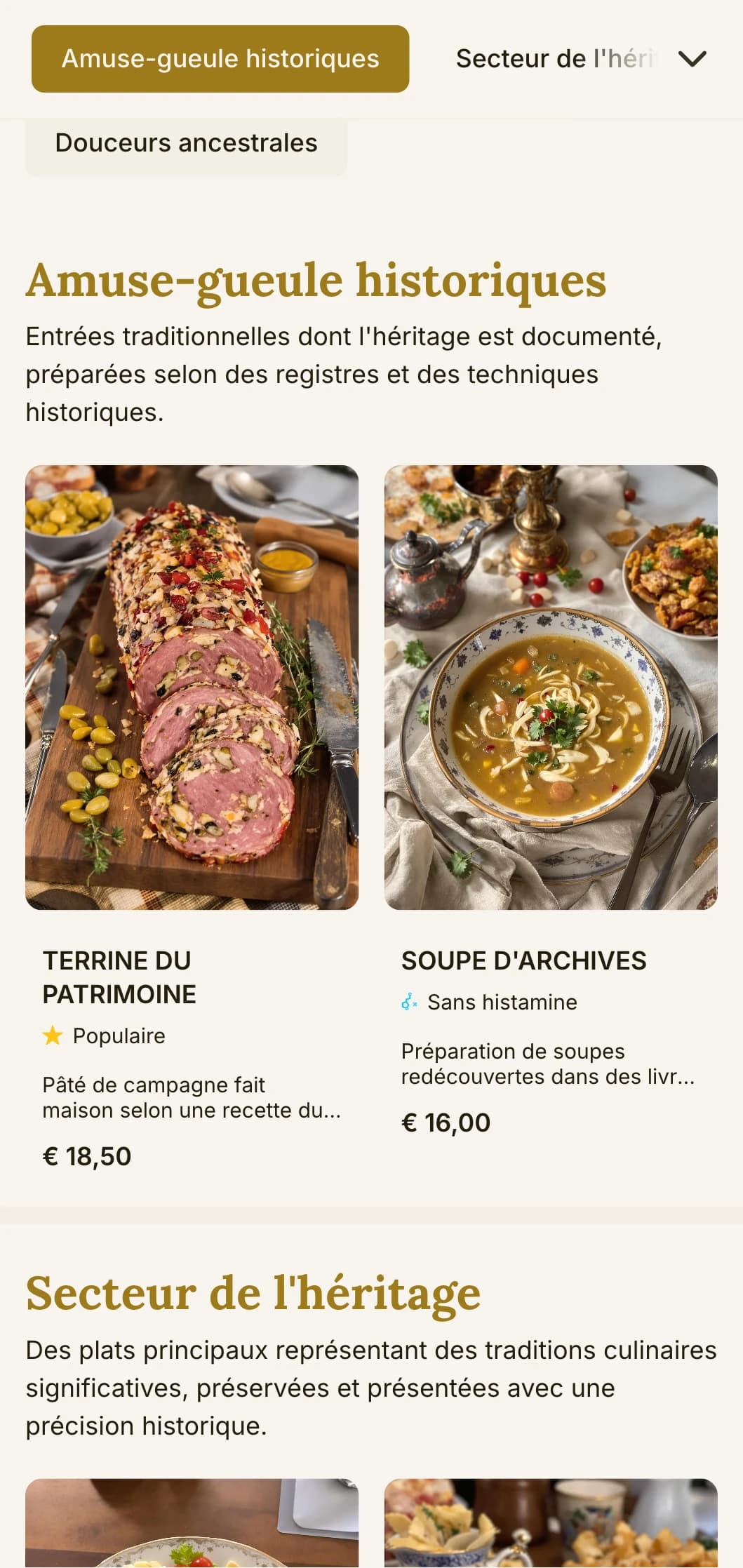 Conception d'un menu de déjeuner historique, axé sur le patrimoine, avec des éléments traditionnels et une typographie intemporelle, adapté aux restaurants historiques et aux établissements ayant une longue histoire.