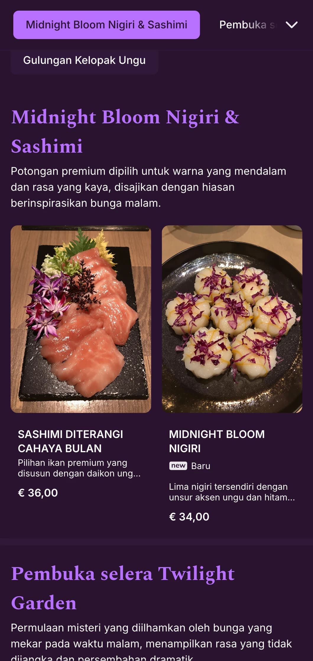 Pengalaman sushi malam yang mewah menampilkan aksen ungu tua dan unsur bunga yang dramatik.