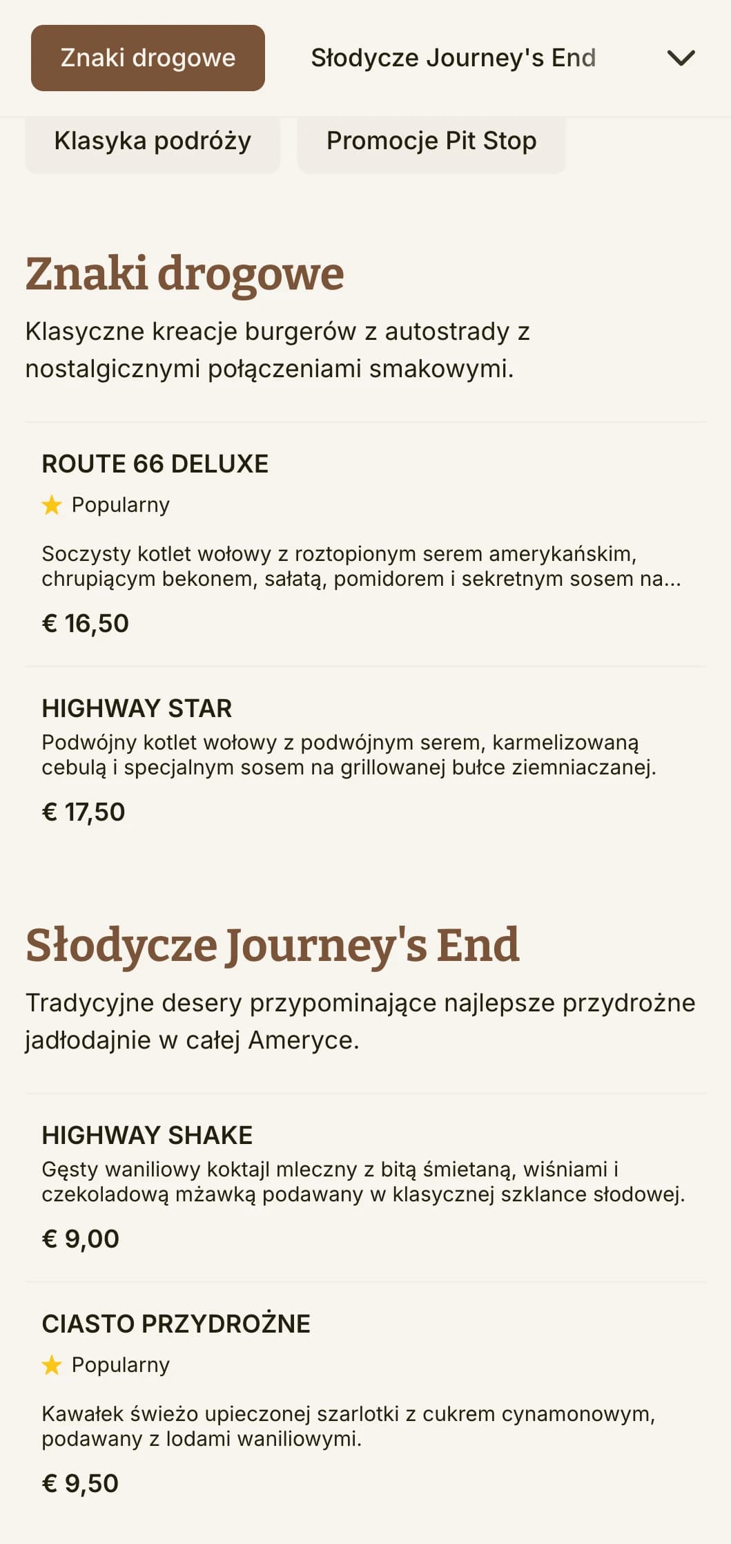 Inspirowany autostradami lokal z burgerami z zabytkowymi znakami drogowymi i klasyczną amerykańską nostalgią.