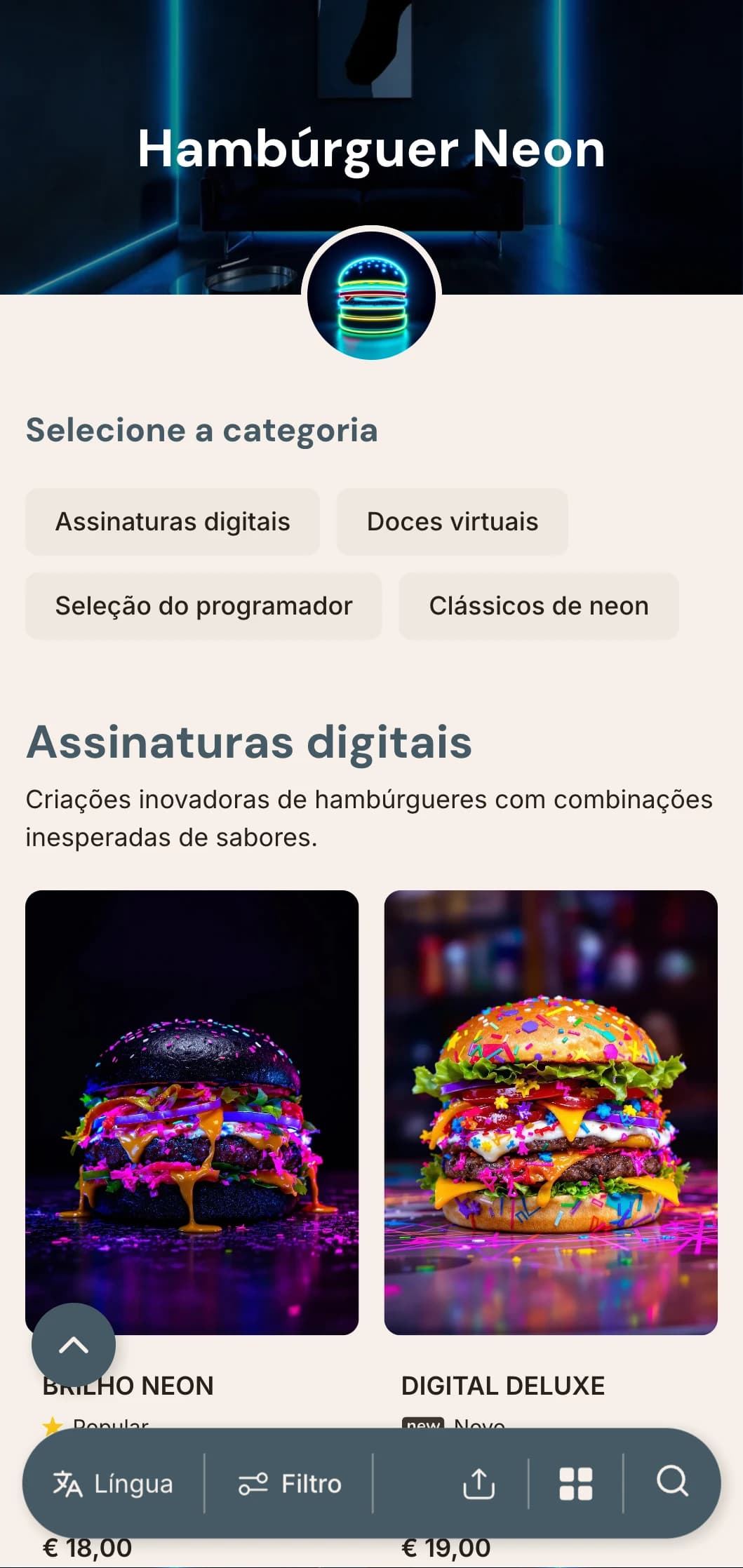 Hamburgueria vibrante, inspirada na vida noturna, com toques de neon e vibração urbana contemporânea.
