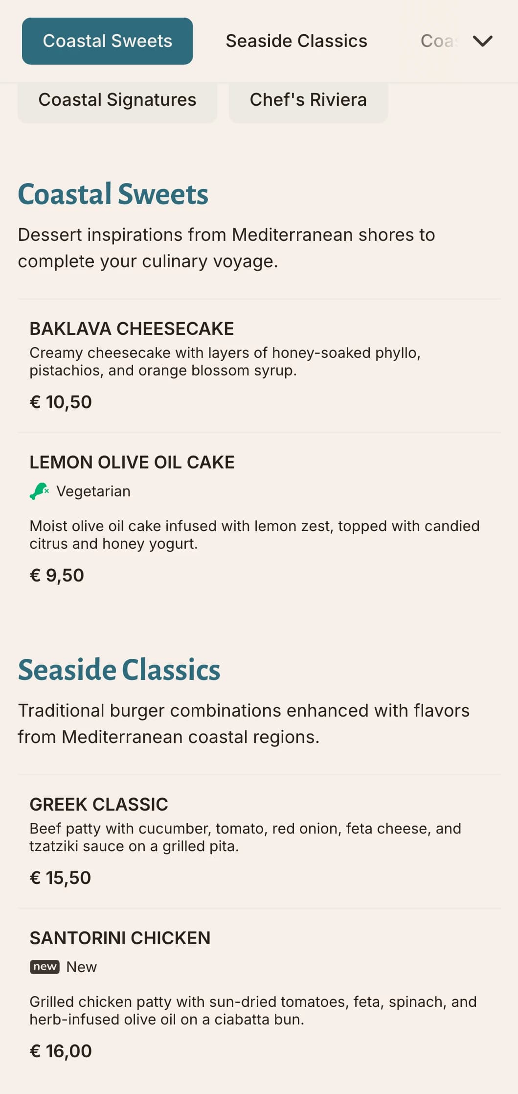 Coastal-inspired burger menu with Mediterranean blue accents and fresh ingredient focus.