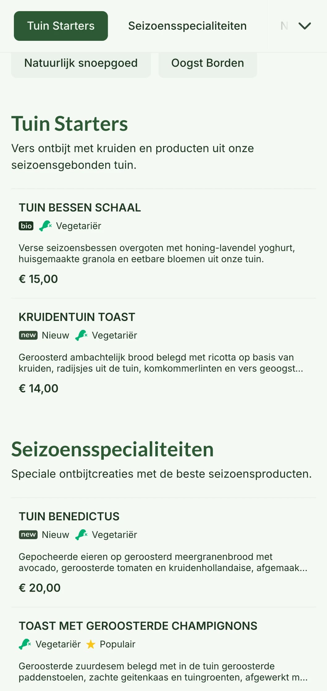 Op de natuur geïnspireerde ontbijtgerechten met seizoensproducten en biologische ingrediënten in een verfrissende presentatie.
