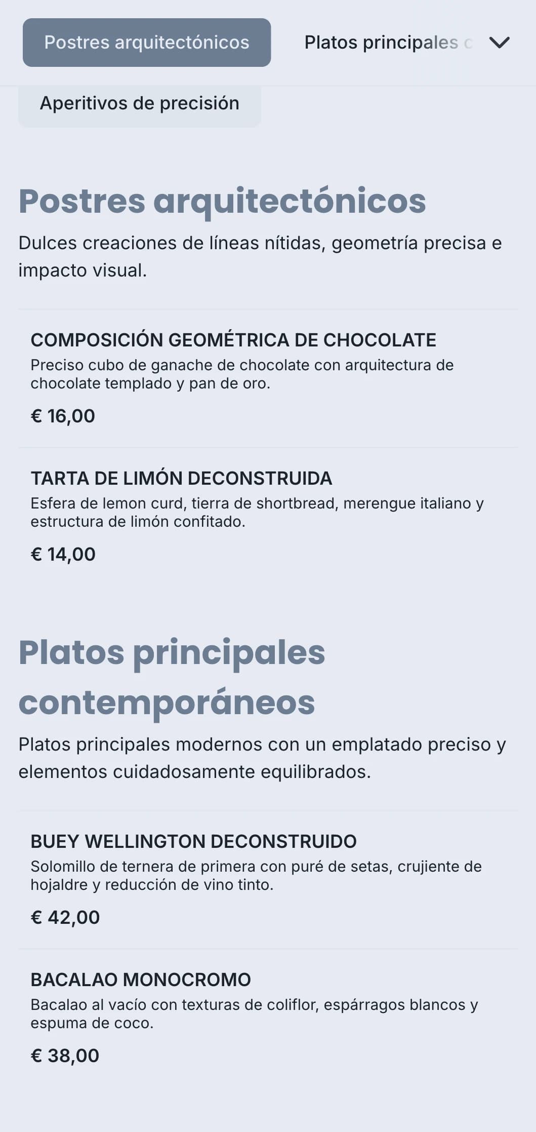 Diseño de catering limpio y estructurado con emplatado geométrico, porciones precisas y combinaciones de colores monocromáticas para eventos contemporáneos.