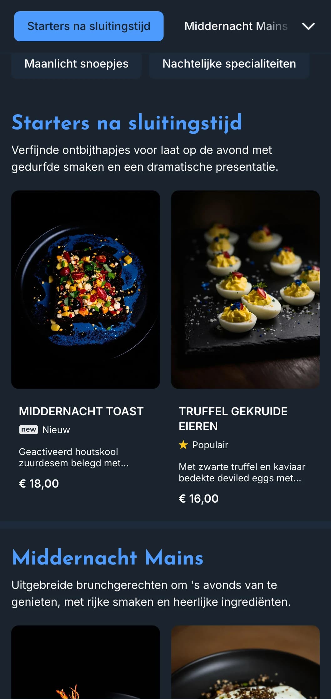 Diepblauwe sjabloon met heldere accenten, perfect voor late brunchaanbiedingen en cafés na sluitingstijd.