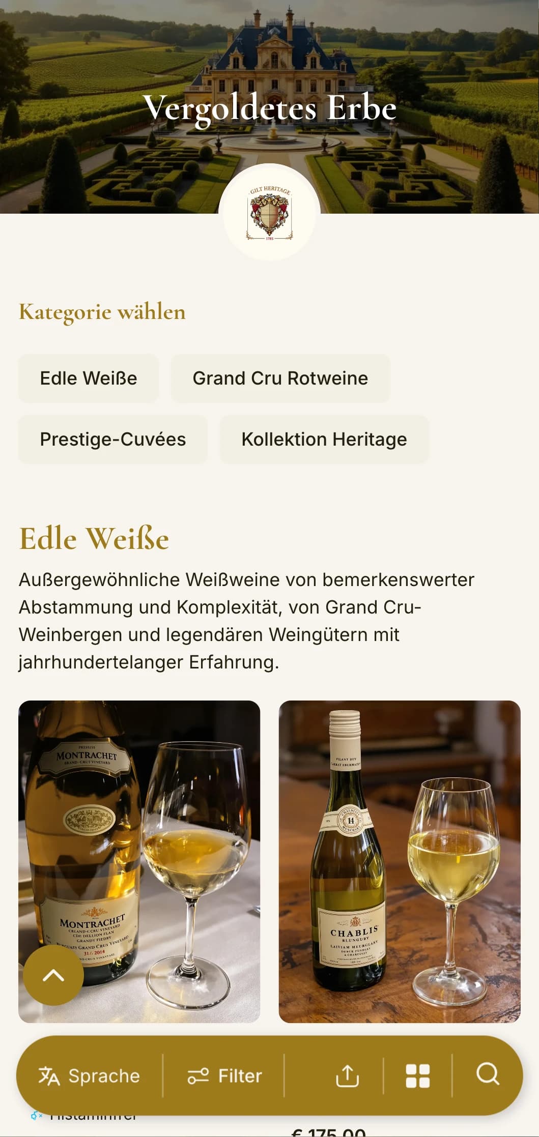 Luxuriöse, traditionelle Weinkartenvorlage mit goldenen Akzenten und historischen Elementen, perfekt für etablierte Weinkellereien und klassische Restaurants.