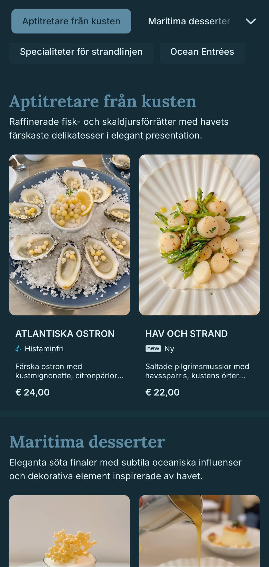 Sofistikerad kustelegans som kombinerar nautiska influenser med raffinerad matestetik.