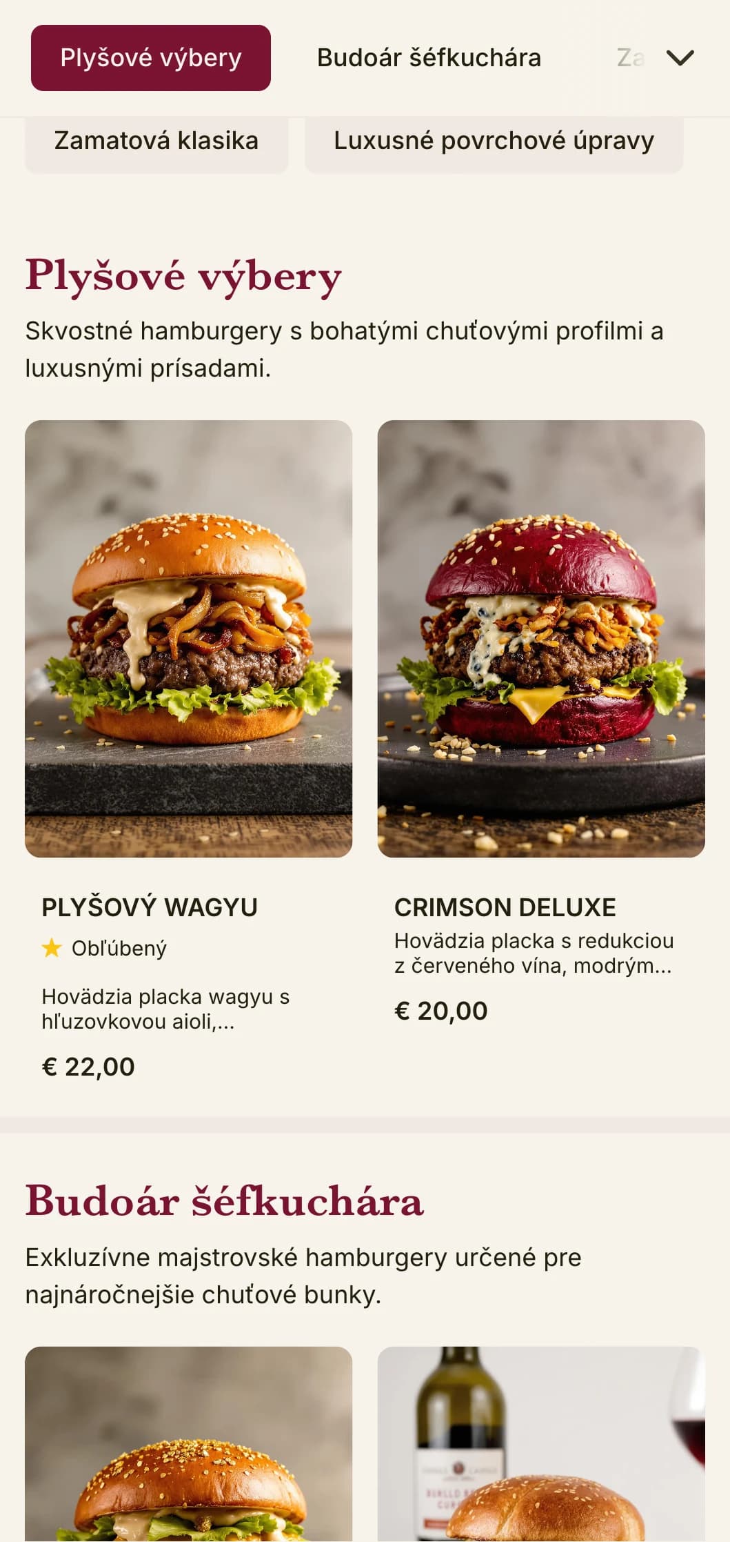 Luxusný hamburgerový salónik s bohatými textúrami a bohatou prezentáciou.