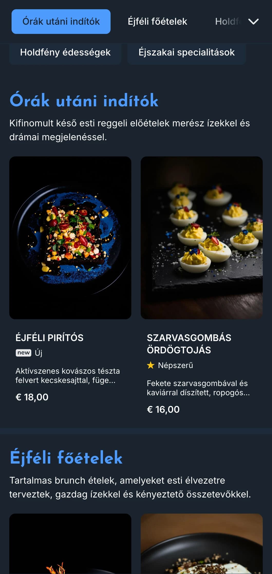 Mélykék sablon világos hangsúlyokkal, tökéletes a késő esti brunch-ajánlatokhoz és az esti kávézókhoz.