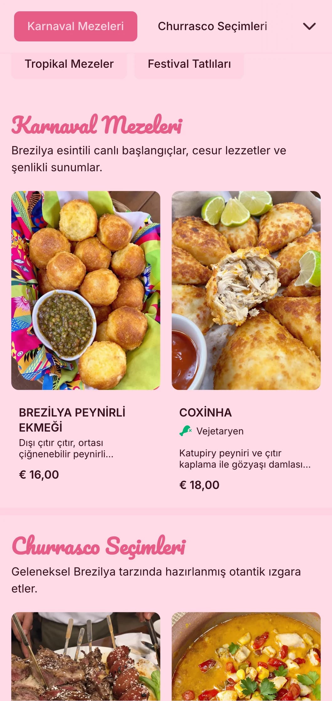 Canlı kutlamalar için ızgara etler, tropikal öğeler ve şenlikli sunumlar içeren Brezilya esintili enerjik yemek servisi.