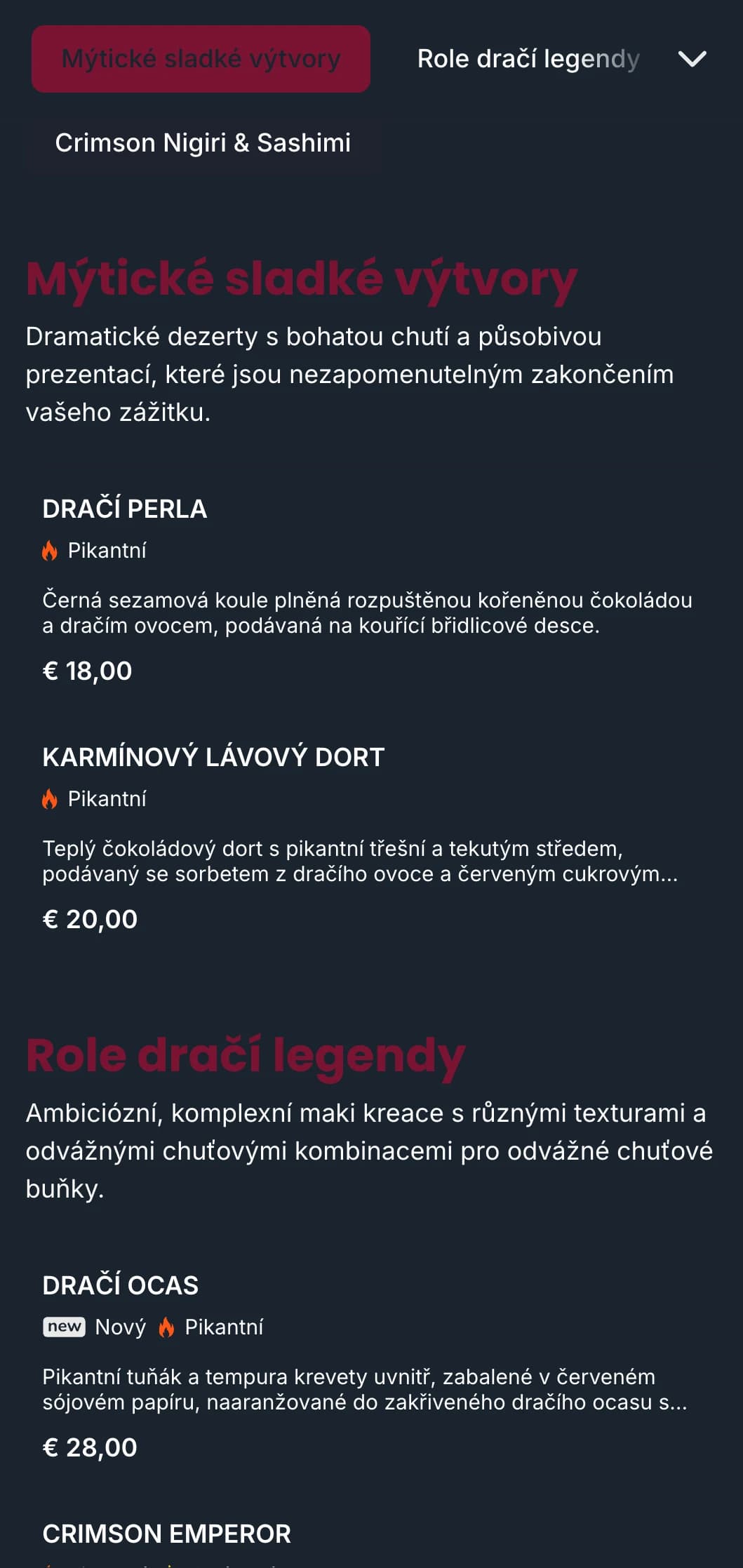 Odvážné, dramatické sushi menu se sytě červenými tóny inspirované tradiční japonskou dračí mytologií.