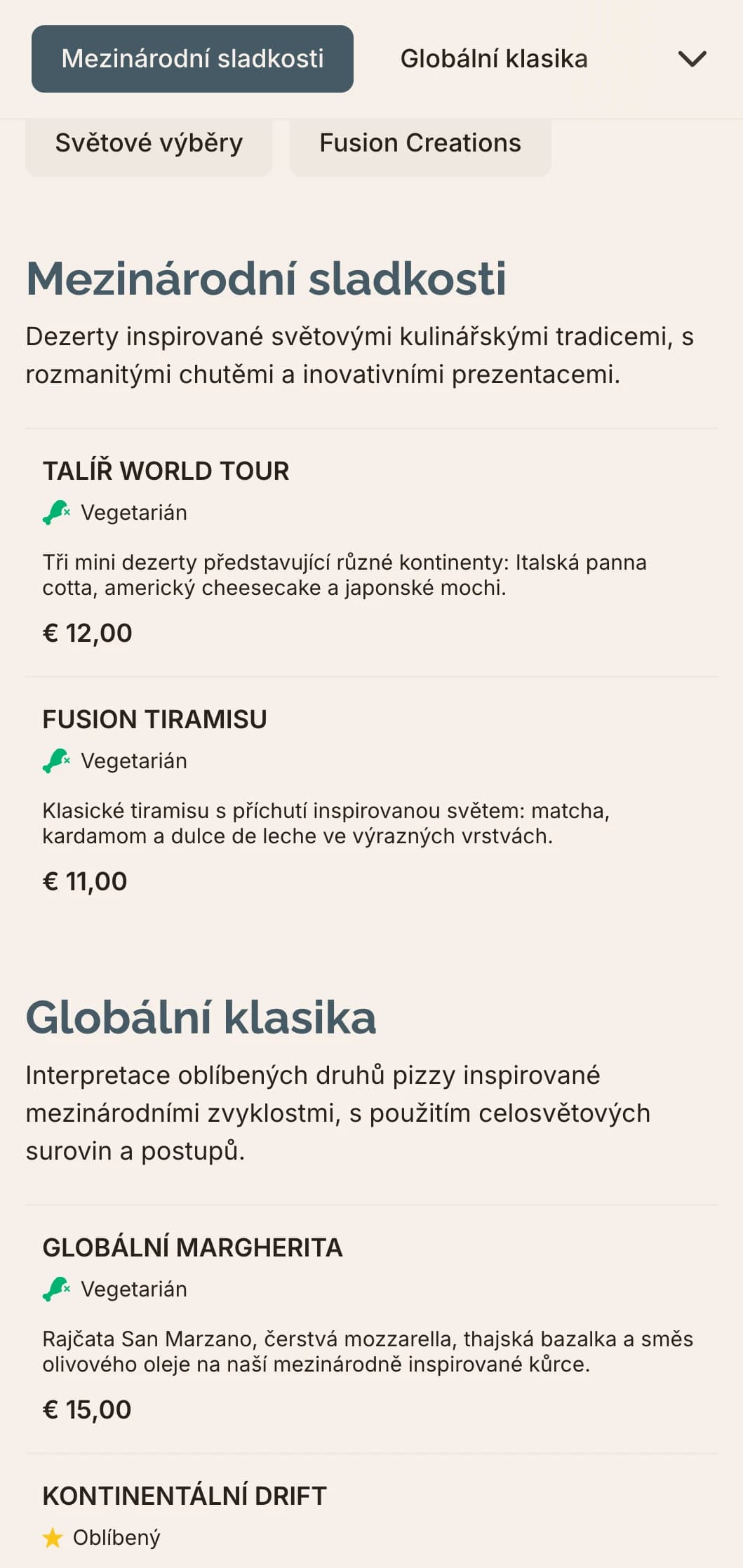Nabídka pizzy Global Fusion s moderním designem pro inovativní kombinace chutí.